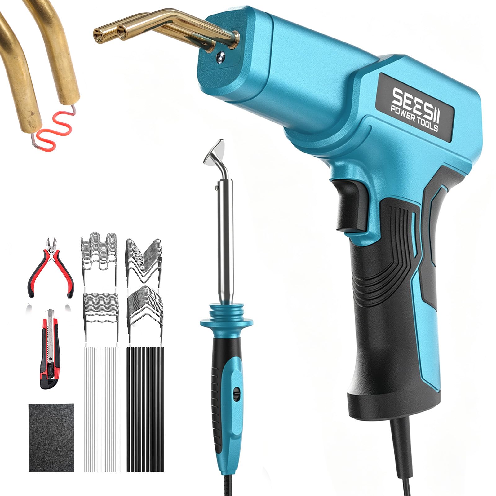 SEESII 150W Plastic Welder Welding Kit, 2 in 1 Hot Stapler Plastic Repair Kit with 60W Soldering Iron, Staples, 20PCS Plastic Rods & Pliers for Car Bumper Crack, Kayak, Dashboard, Plastic Toys Repair