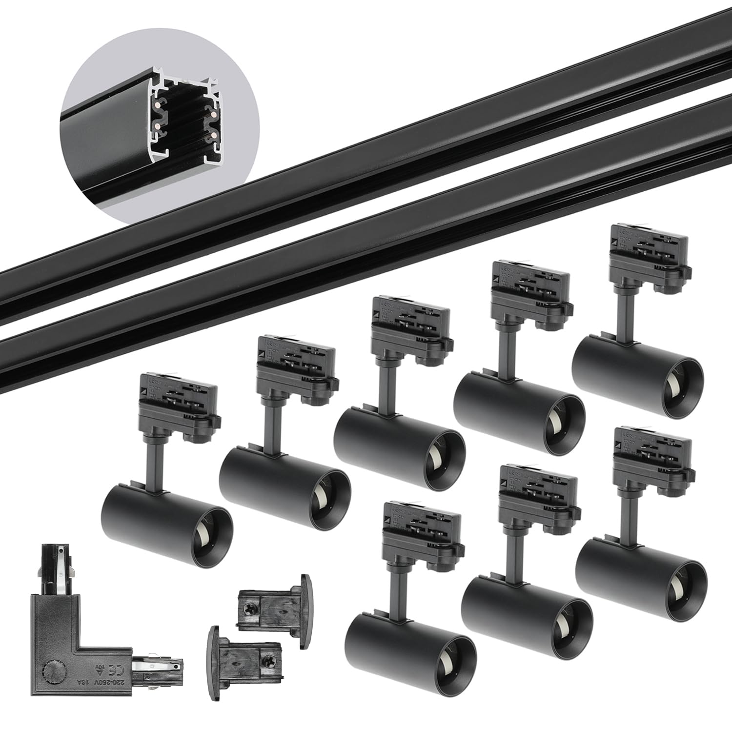 NEXTRACK 3-Phasen-Schienen-Set 2m+2m Schiene Schalter L 8x Lampe 2x Stecker SCHWARZ