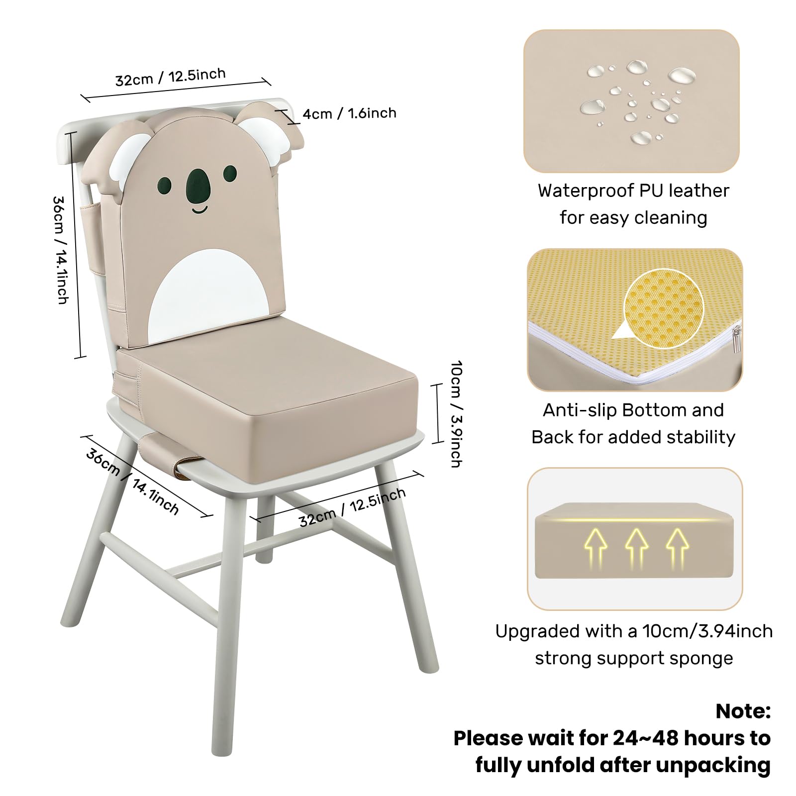 Silla Elevadora para Niños para la Mesa, 10cm PU Impermeable Cojín Con Respaldo y Ajustables Cinturón de Seguridad, 36 x 32 x 10 CM - Koala Caqui