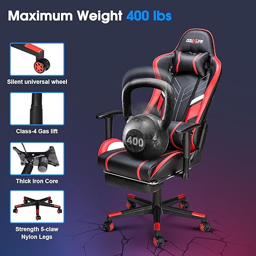 Miniatura 6 de Silla de masaje para juegos de 7 puntos, silla de oficina con reposapiés y soporte lumbar, altura del asiento ajustable ergonómica, 175 reclinable