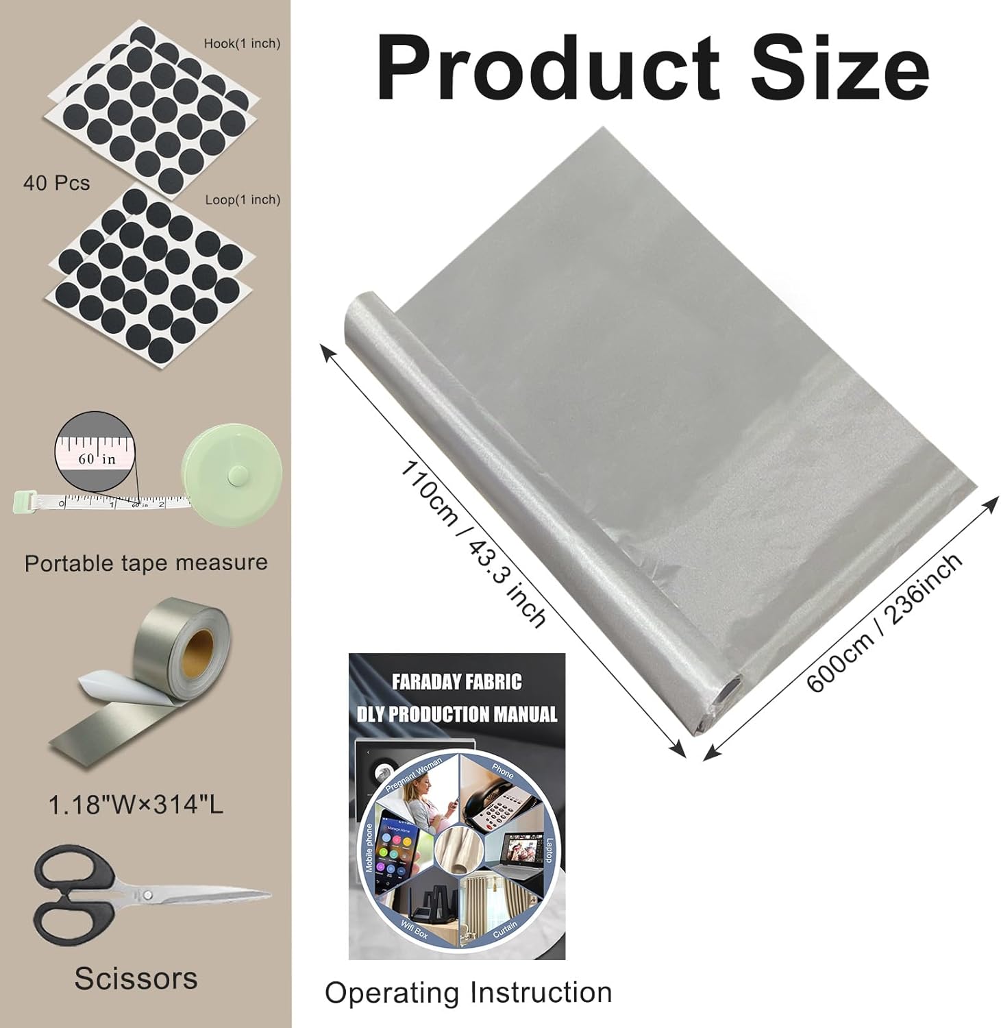 Faraday Fabric 43" W×236" L(Big 6 Yards)+1.18" W×314" L Faraday Tape, Faraday Military Grade Conductive Material?Faraday Blanket