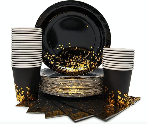 Miniatura 5 de Platos negros de papel negro de 9 pulgadas, 50 unidades, platos de papel negro y dorado para fiesta, 21 cumpleaños, graduación, Año Nuevo