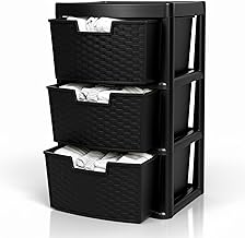 Large Plastic Rattan Style Storage Drawer - Durable & Stylish Cabinet with Smooth Pull Drawers - Multipurpose Organizer for Clothes Toys, Kitchen, Home & Office Use (Rattan/Black, 3 Tier)
