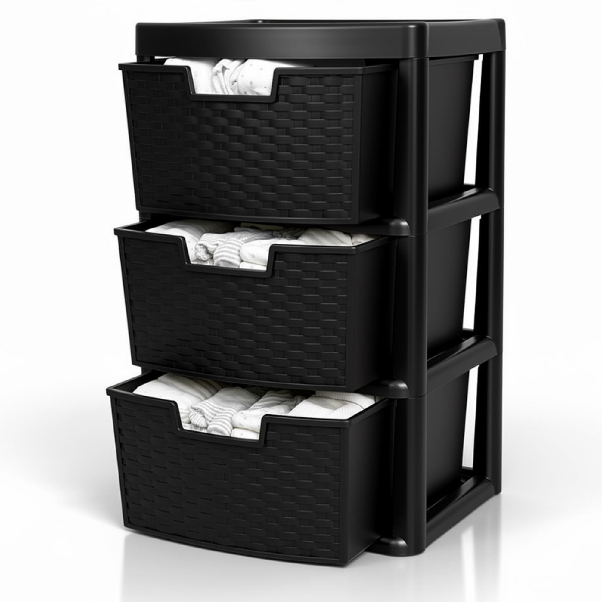 SIDSONS - Large Plastic Rattan Drawer Storage Unit for Home Bedroom Bathroom Kitchen Organiser Stackable Drawers Durable Storage Solution Space Saver and Easy Access Storage - (Rattan Black, 3 Tier)