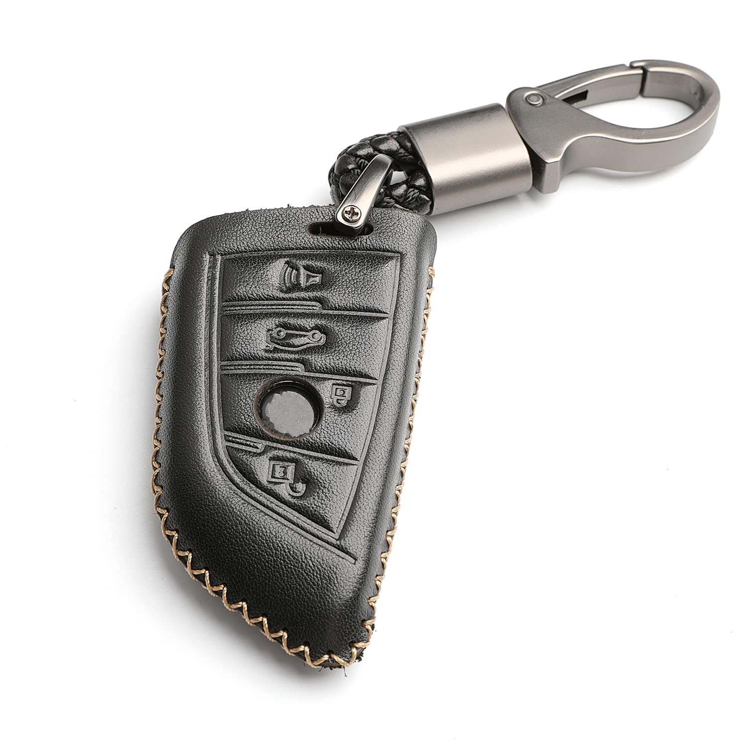 WFMJ Leather for BMW 2 5 6 7 Series X1 X2 X3 X5 X6 Remote 4 Buttons Key Fob Case Cover Skin Covers Chain (Black)