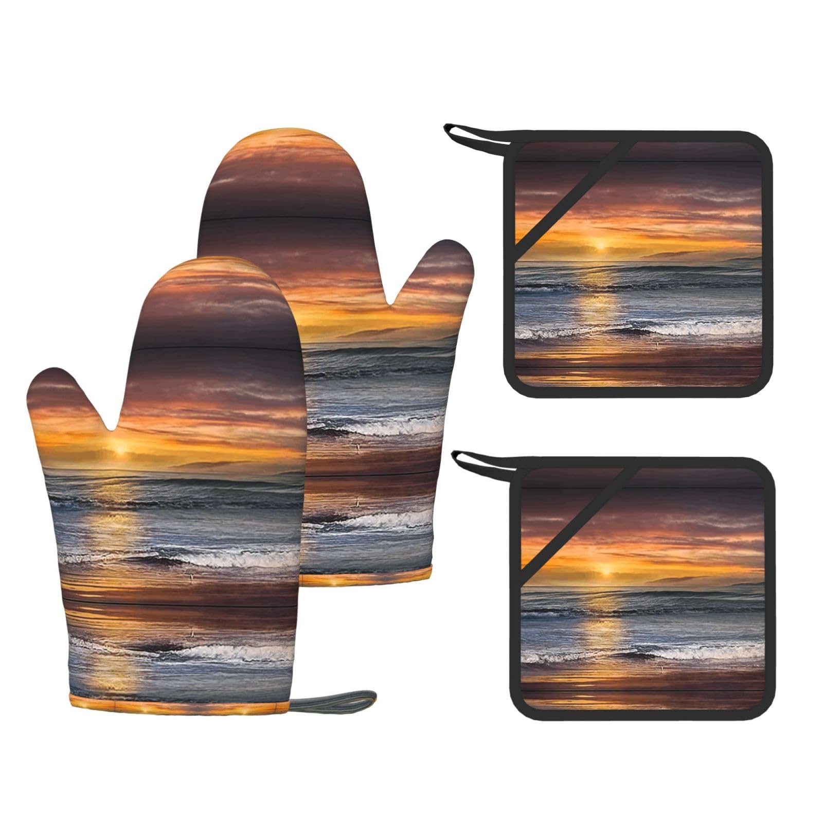 Sunset beach Printed Pot Holders and Oven Mitts 4-Piece, Non-Slip Kitchen Gloves with Utensil Pocket for BBQ