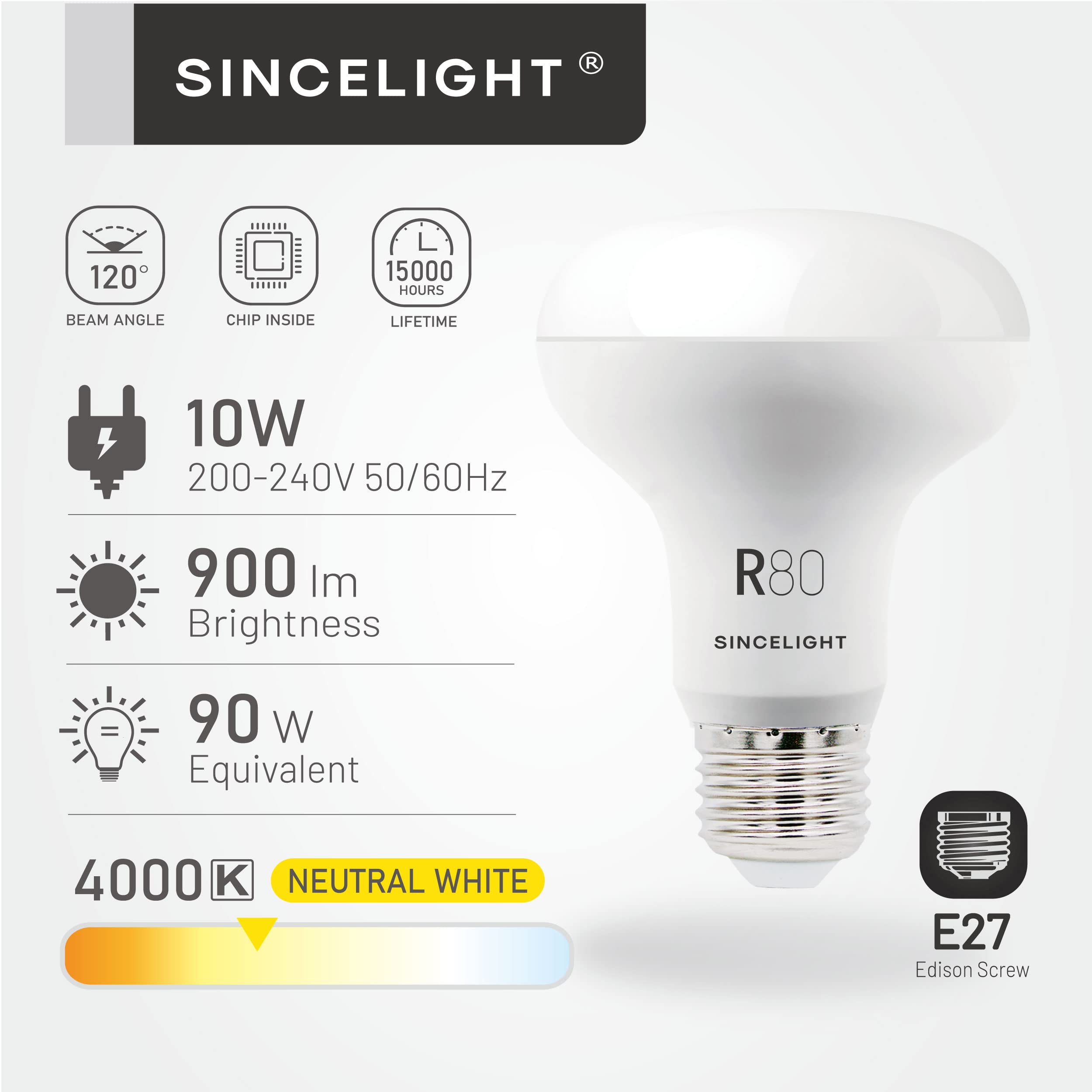 SINCELIGHT Bombillas LED 10W con casquillo E27, reflector R80 con difusor lechoso, foco sofer, blanco natural 4000K, color rico RA≈92, paquete de 6