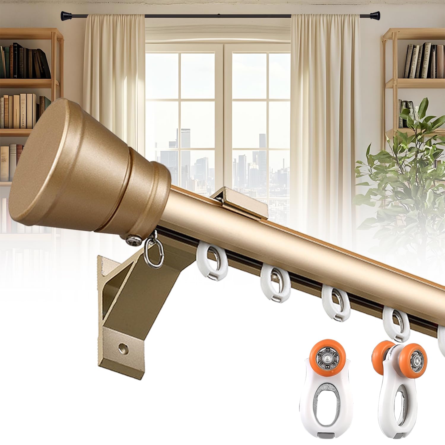 Curtain Single Track Wall Mounted, Roman Rod for Windows, Heavy Duty Drapery Rail with Aluminum Bracket, Silent Curtain Rails System for Room Divider Living Room Bedroom Hospital (Gold, 1.2m(3.9ft)