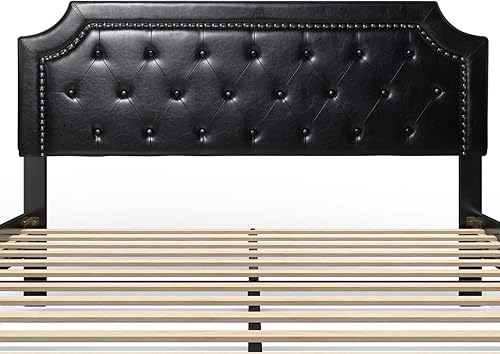 Miniatura 7 de BONSOIR Base de cama tamaño Queen tapizada de perfil bajo con cabecera de piel sintética copetuda no necesita somier no necesita falda de cama piel