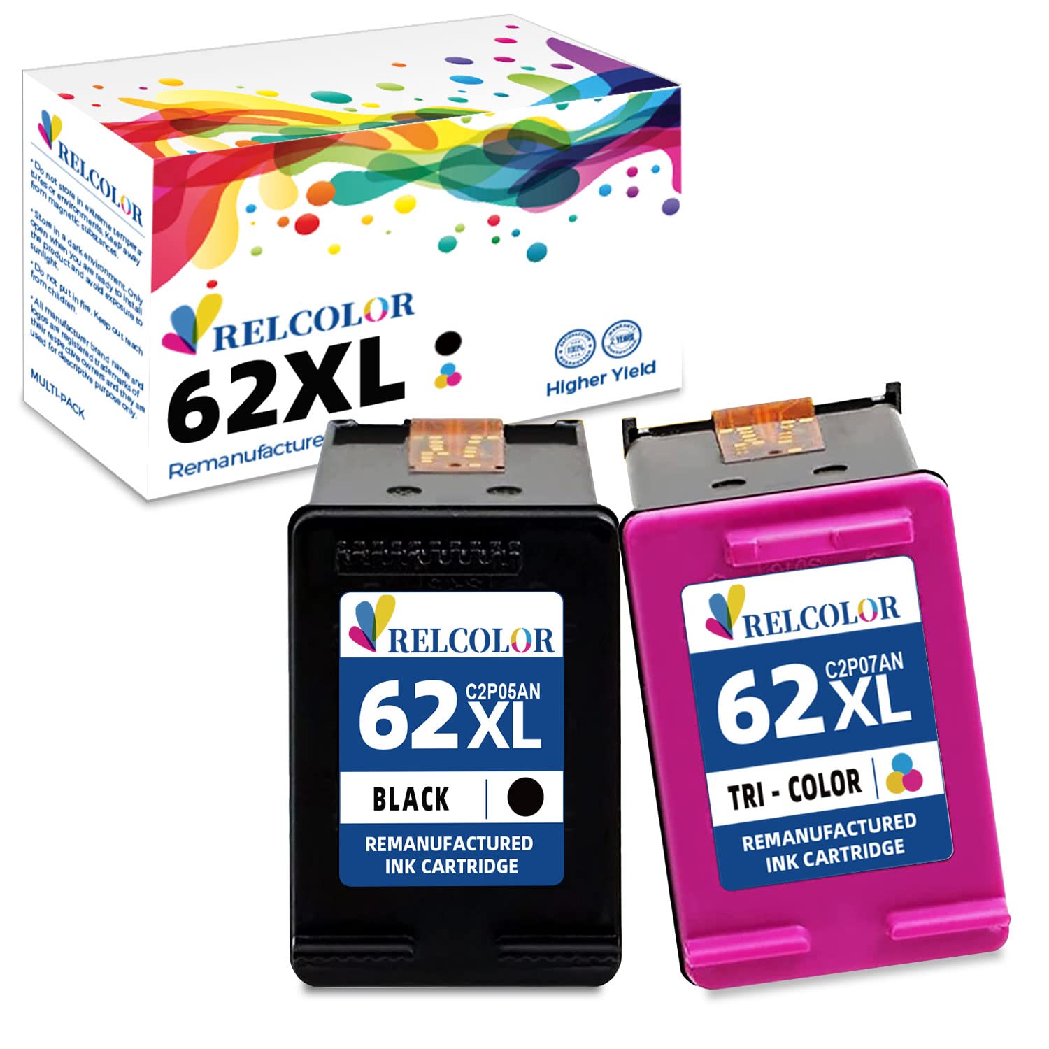 RelcolorHigh Yield 62XL Ink Cartridge Replacement for HP Ink 62 XL for Envy 5540 5640 5660 7640 7644 7645 OfficeJet 200 250 5740 5745 8040 Printer HP62 Black Color Combo HP62XL Blk Tricolor 2 Pack