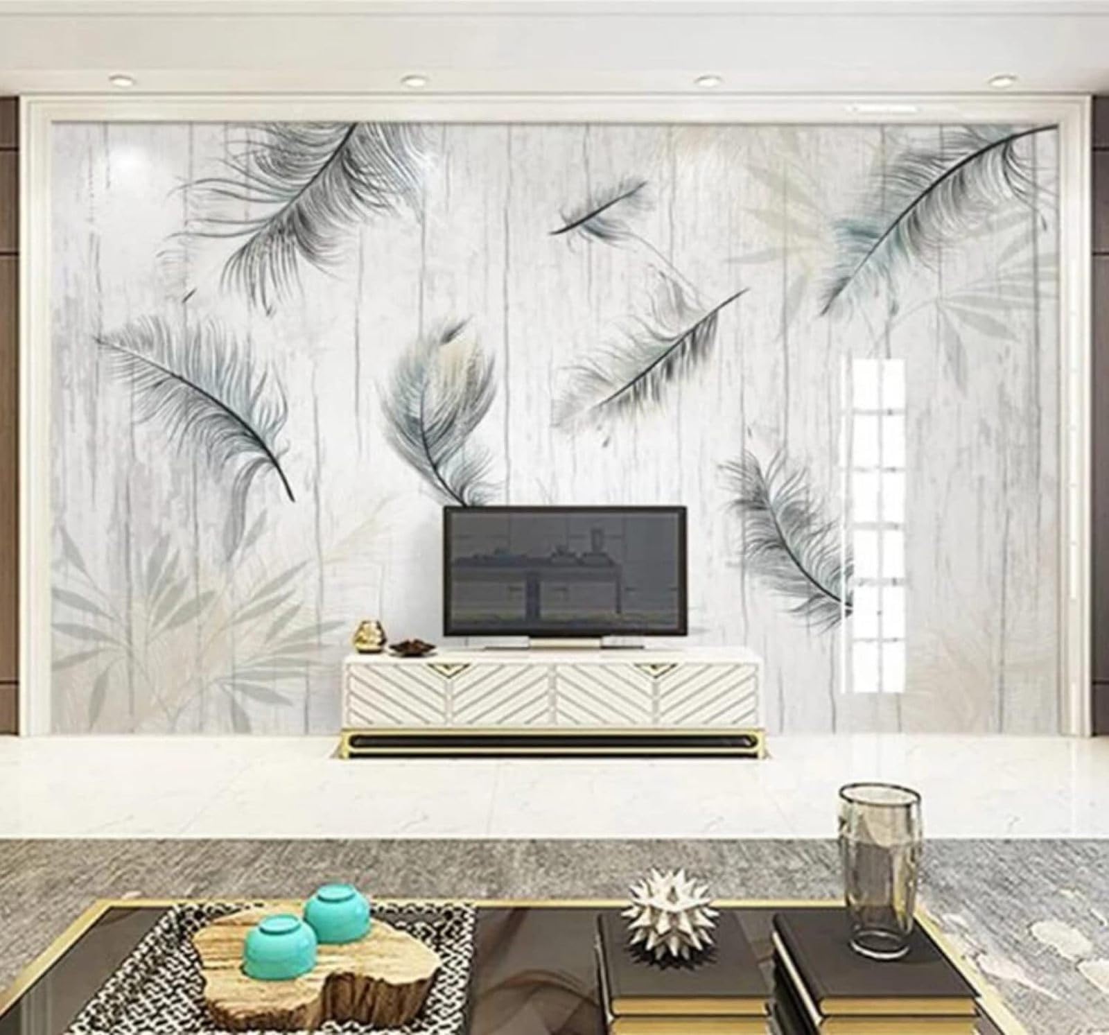 XLMING Vintage Hand Drawn Leaves Feathers Wood Grain 3D Wallpaper Luxury Silk Study Dining Feature Sofa Grey Bedroom Living Room Tv Decorative Wall-250cm×170cm
