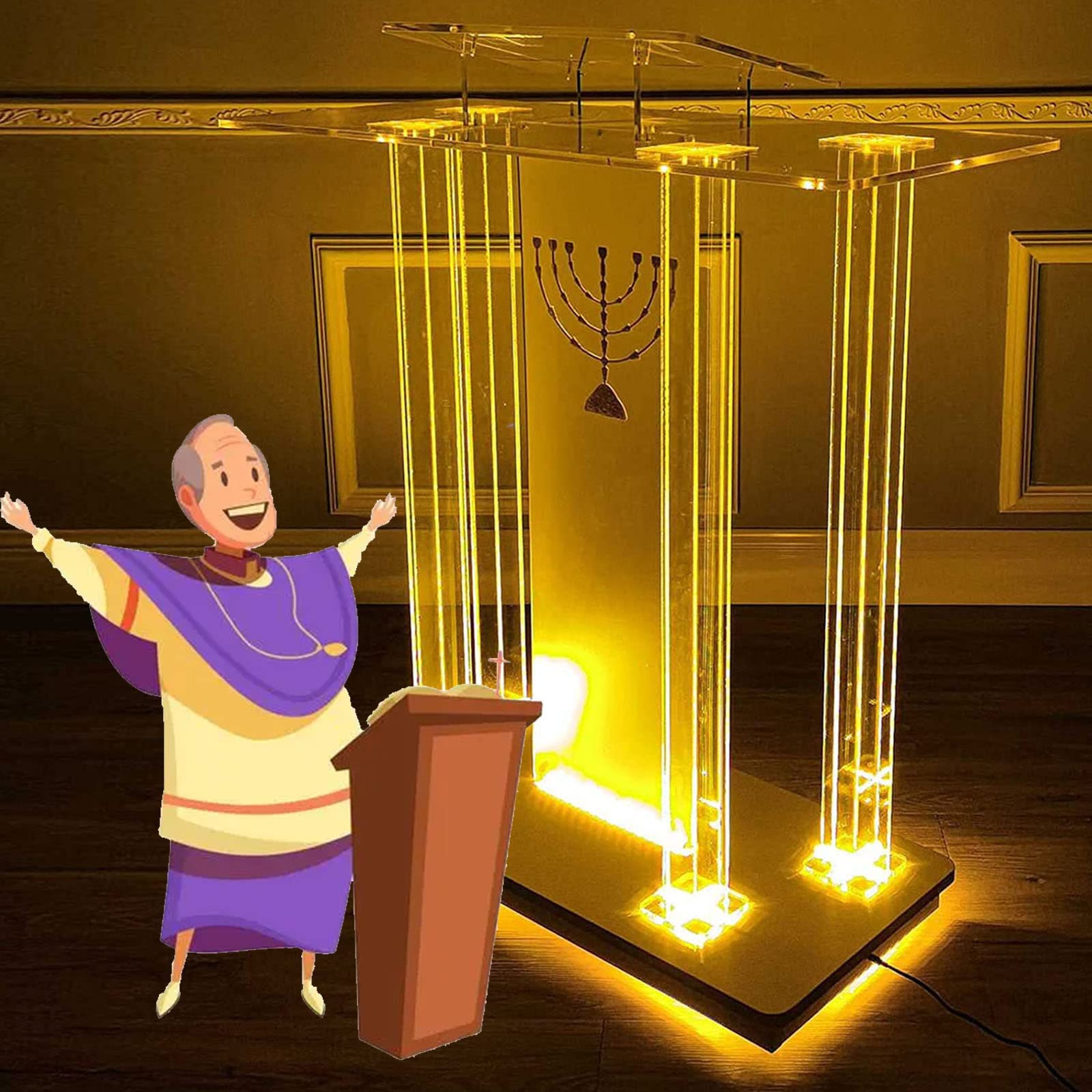 AVFORApodium Floor-Standing Podium with Casters, Church Super Golden Luxury Table Church Podium with Wide Reading Surface for School Conference