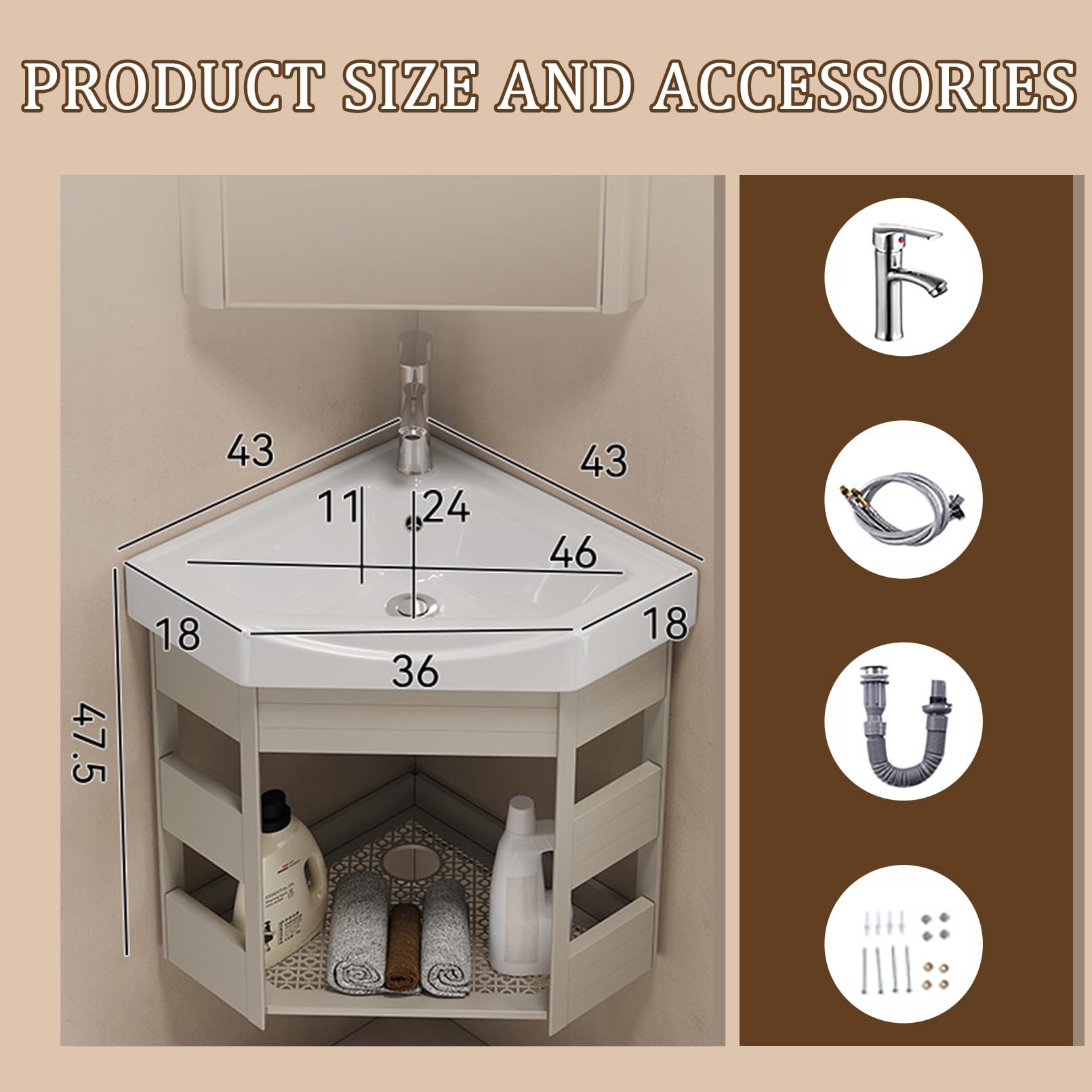 Lavabo Multiusos de Pared 43cm, Fregadero de Cocina Esquinero Colgado, Mueble Lavabo de Pared Todo en Uno - Uso en Baño, Cocina, Caravana o Taller con Armario y Grifo, Beige