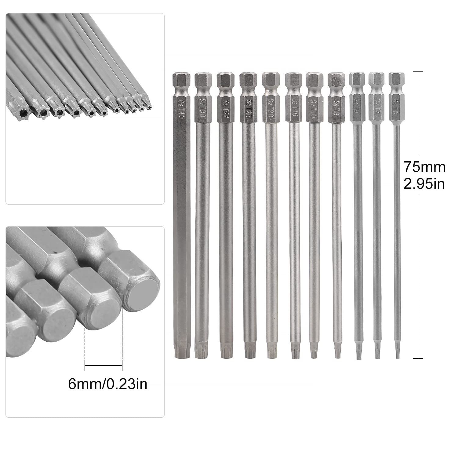 CPROSP Torx Lunghe Set 75mm, con 2 Cacciaviti Torx, T6,T7,T8,T9,T10,T15,T20,T25,T27,T30,T40, S2 Acciaio, Testa a Stella