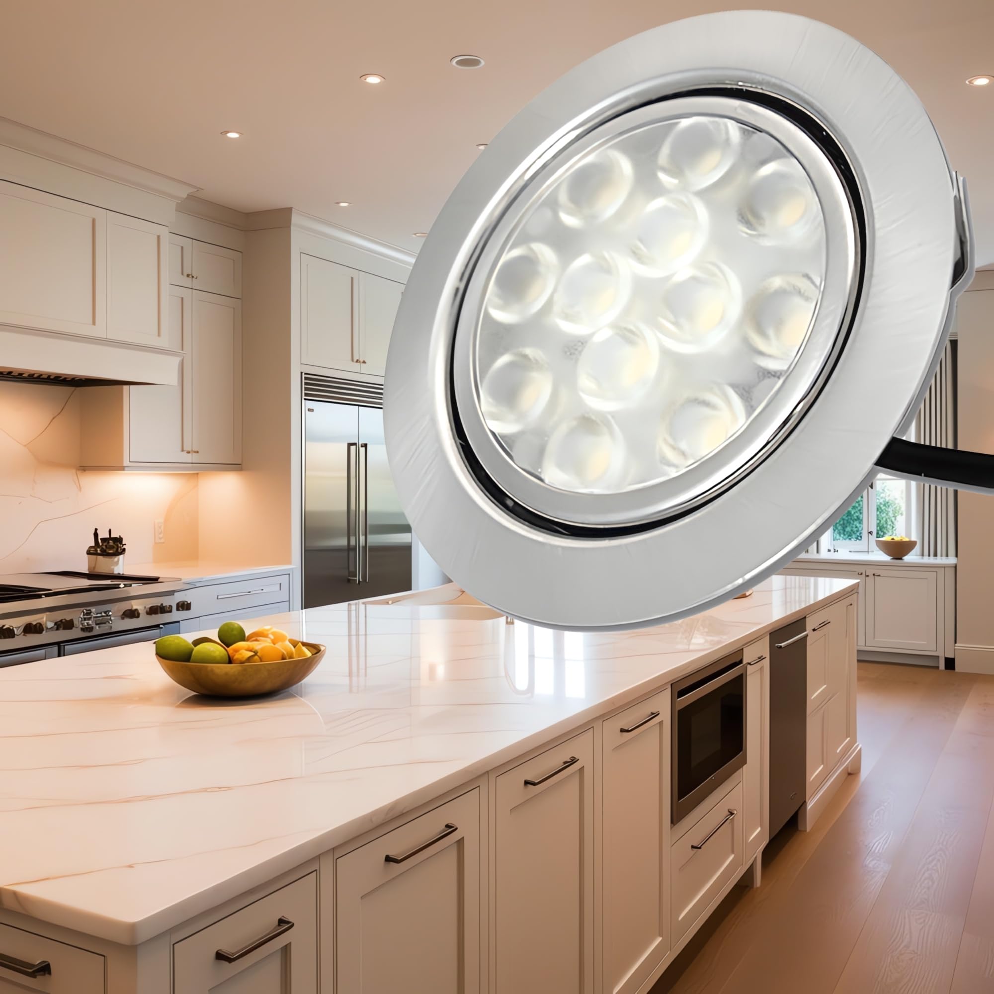Rolux 7 Stück LED Möbelleuchten Einbaustrahler Edelstahl Gebürstet flach 3W warmweiß 3200K 200lm 12V Möbeleinbauleuchte für das Wohnzimmer, Küche und Bad. Lochausschnitt 55-60 mm. D = 65 mm