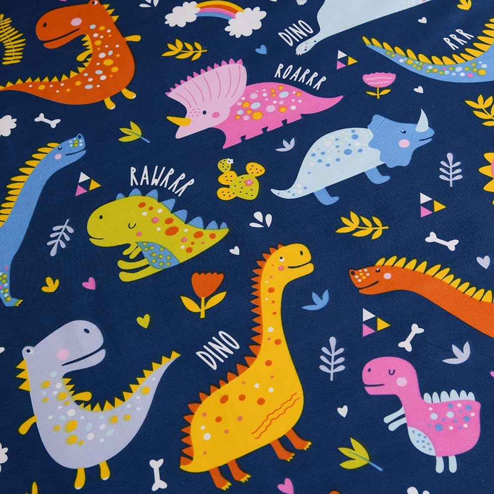 Soft Bed Fitted Sheet and Pillowcases Set,2PC Dinosaur Printed Bed Sheets for Kids Boys Twin Size Bed (Navy Blue Dino, Twin)