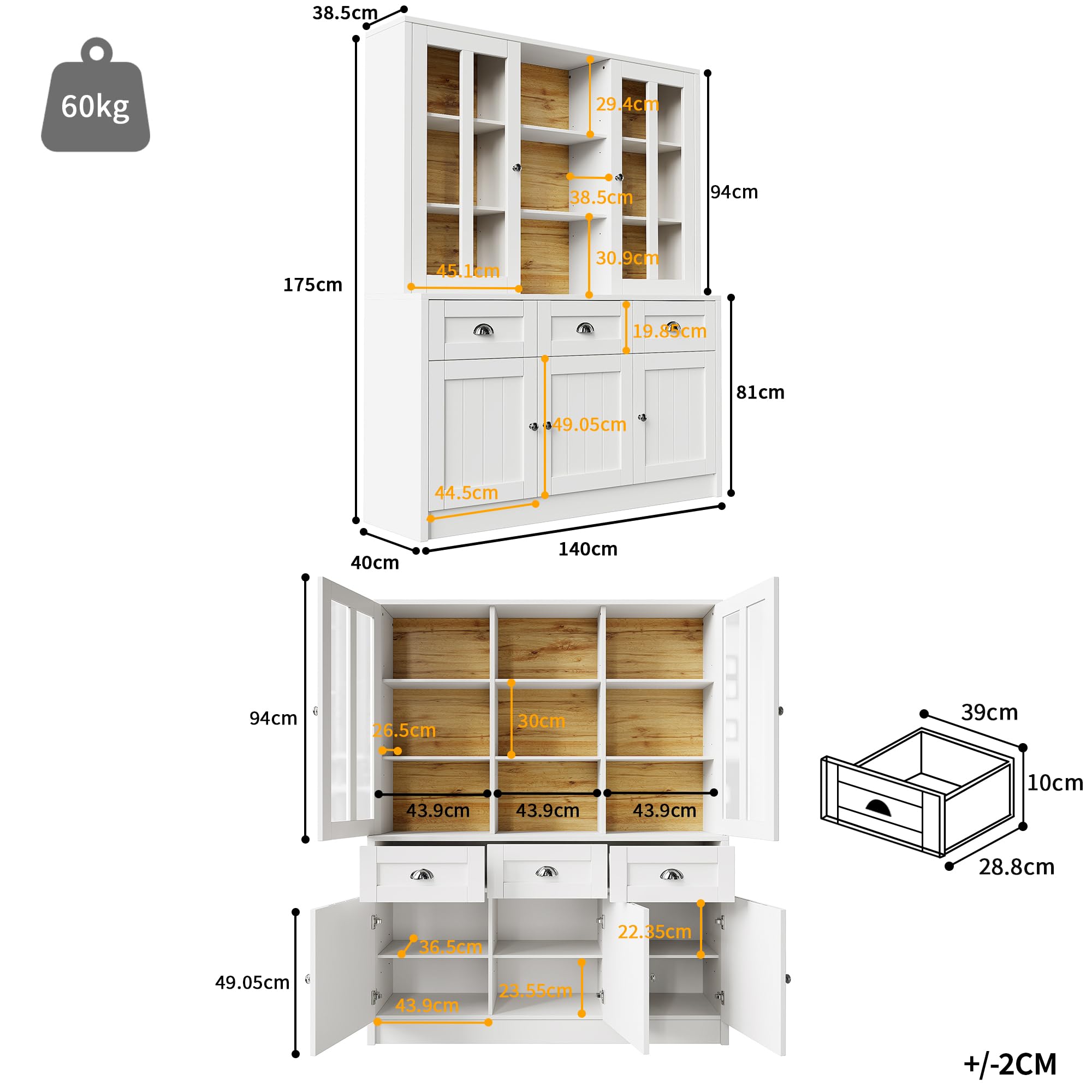 SACOOL Armadio alto 140 x 38,5 x 175 cm, per soggiorno, vetrina, cucina, sala da pranzo con cassetti, moderna e minimalista, per cucina, soggiorno, sala da pranzo, bianco