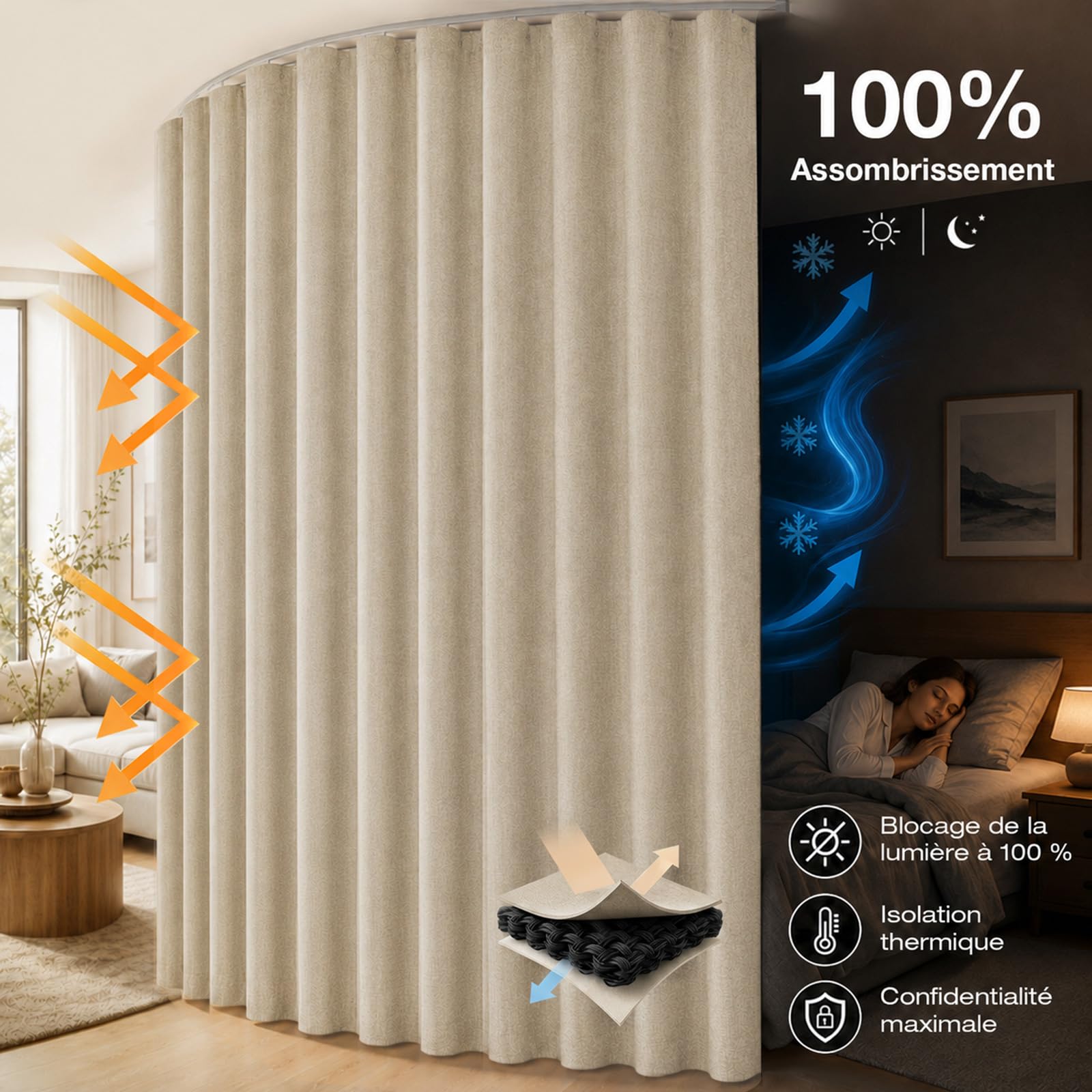 100% Occultant 264 cm Extra Large Rideau Séparateur de Pièce avec Rail | Effet Lin Rideaux Occultants Thermique, Kit Complet avec Rail Cintrable, Isolation Phonique pour Salon, Chambre, H274cm Kaki