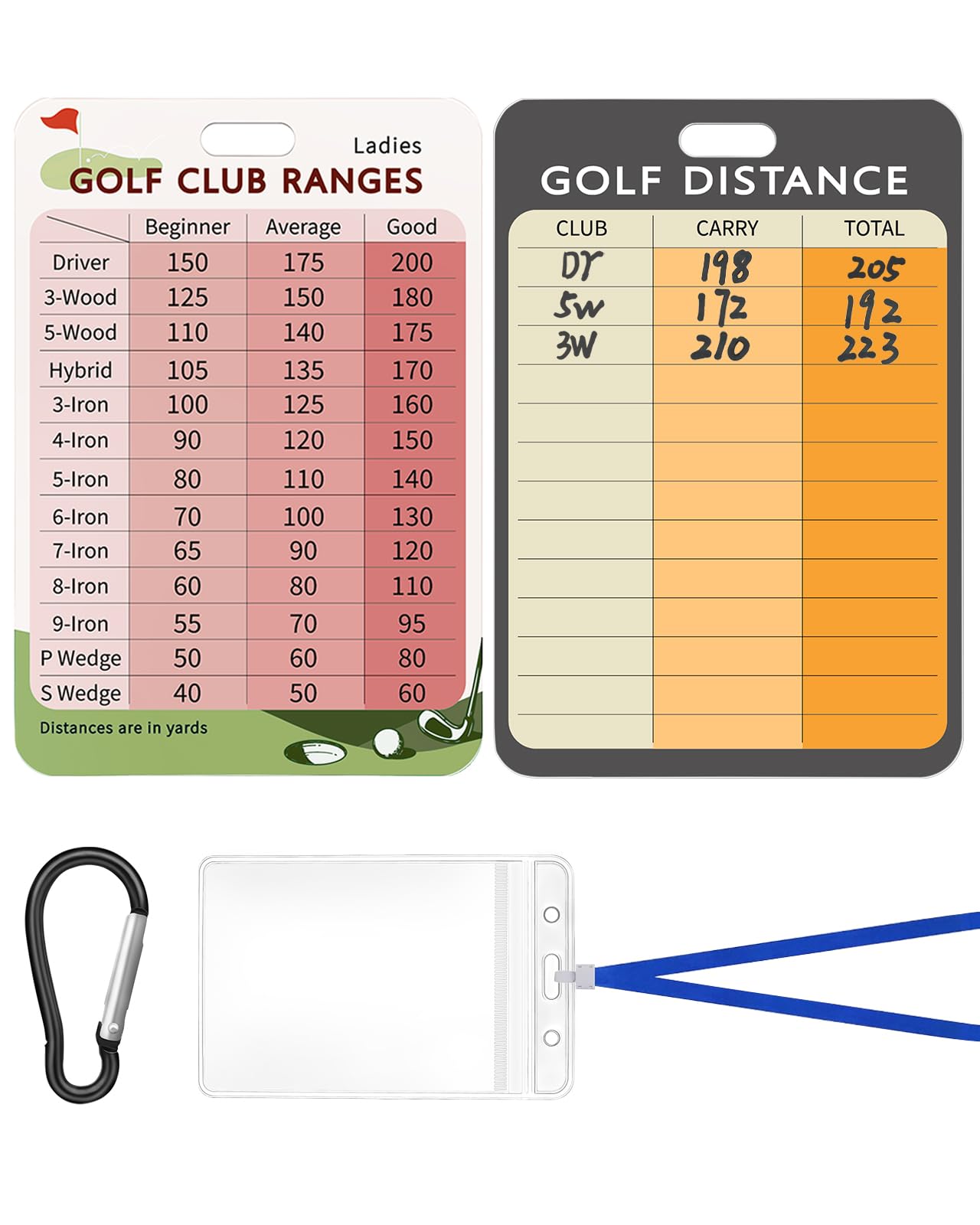 Swooflia 2 Pcs Golf Club Range Chart Card - Women Swing Minder Golf Reference Card of Bag Accessories & Blank Distance Yardage Scorecard Set, Funny Present for Golfers