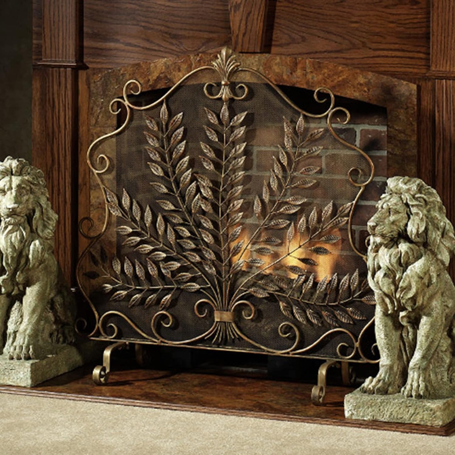 Fireplace Screen, Metal Fireplace Screen, Fireplace Screen with Leaf Pattern Old Fashioned Fire Spark Guard Cover Single Panel Fireguards Protector