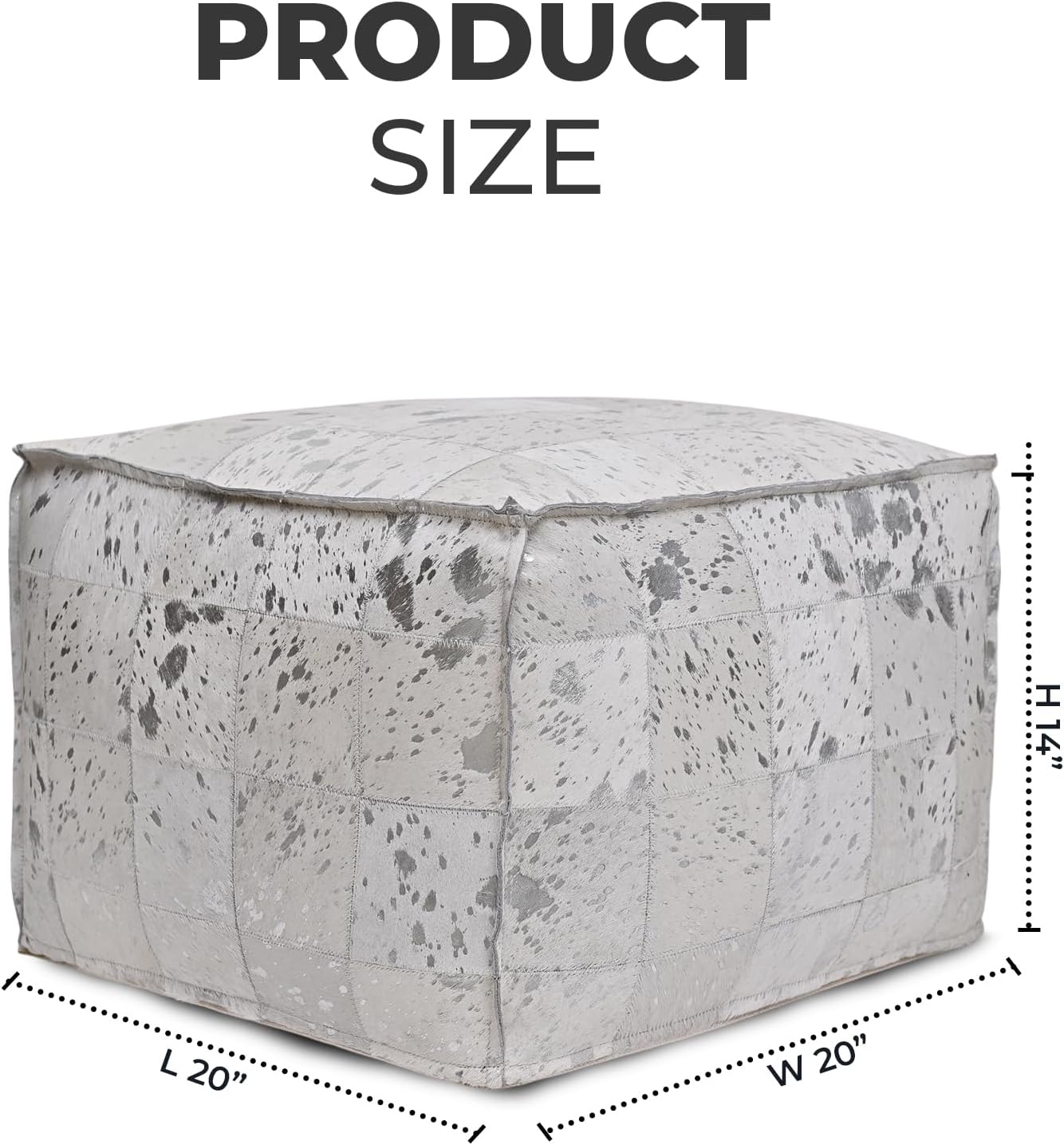Laila Premium Hair-On Leather Pouf Ottoman 20"x20"x14" – Genuine Leather Square Foot Stool for Living Room, Bedroom & Boho Accent Seating, Handmade Look Silver
