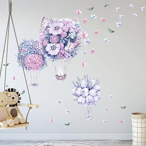 Miniatura 4 de Pegatinas de pared de globo aerostático de peonía rosa, rosa, azul, morado, pétalos de mariposa, arte floral, calcomanías de pared removibles de