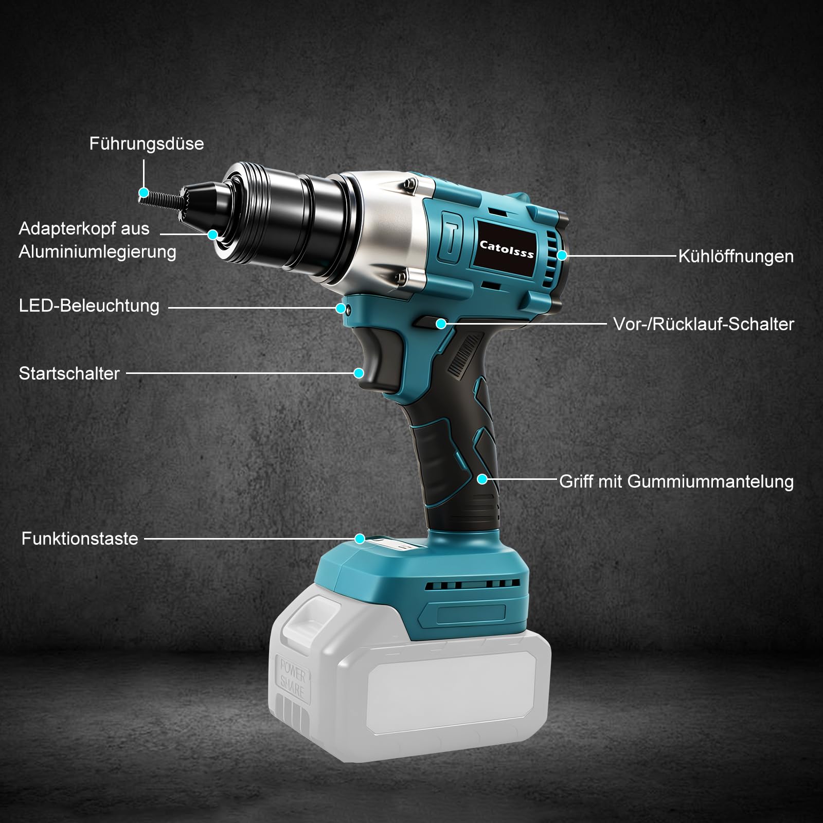Rivettatrice a batteria compatibile con Makita 18 V, rivettatrice elettrica senza spazzole con tre modalità, per rivetti M4/5/6, cantieri, riparazioni auto e fai da te (senza batteria)