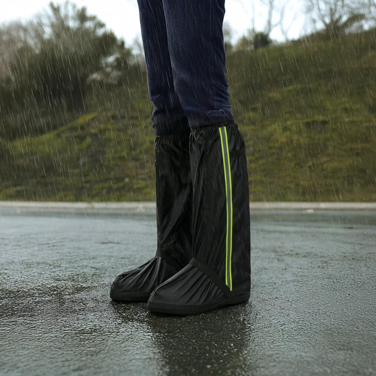 1 Paar Schuhüberzieher aus Oxford-Gewebe, 45 cm hoch, schwarz, Regen-Schuhüberzieher für den Außeneinsatz, rutschfest, abriebfest, wiederverwendbar, gegen Sand, für Schuhe und Hosen, Größe L