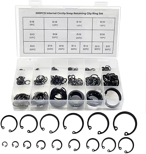 Boatsea Juego surtido de 300 piezas de anillos de retención de clip de retención interno, anillo de presión interno de acero aleado, juego surtido