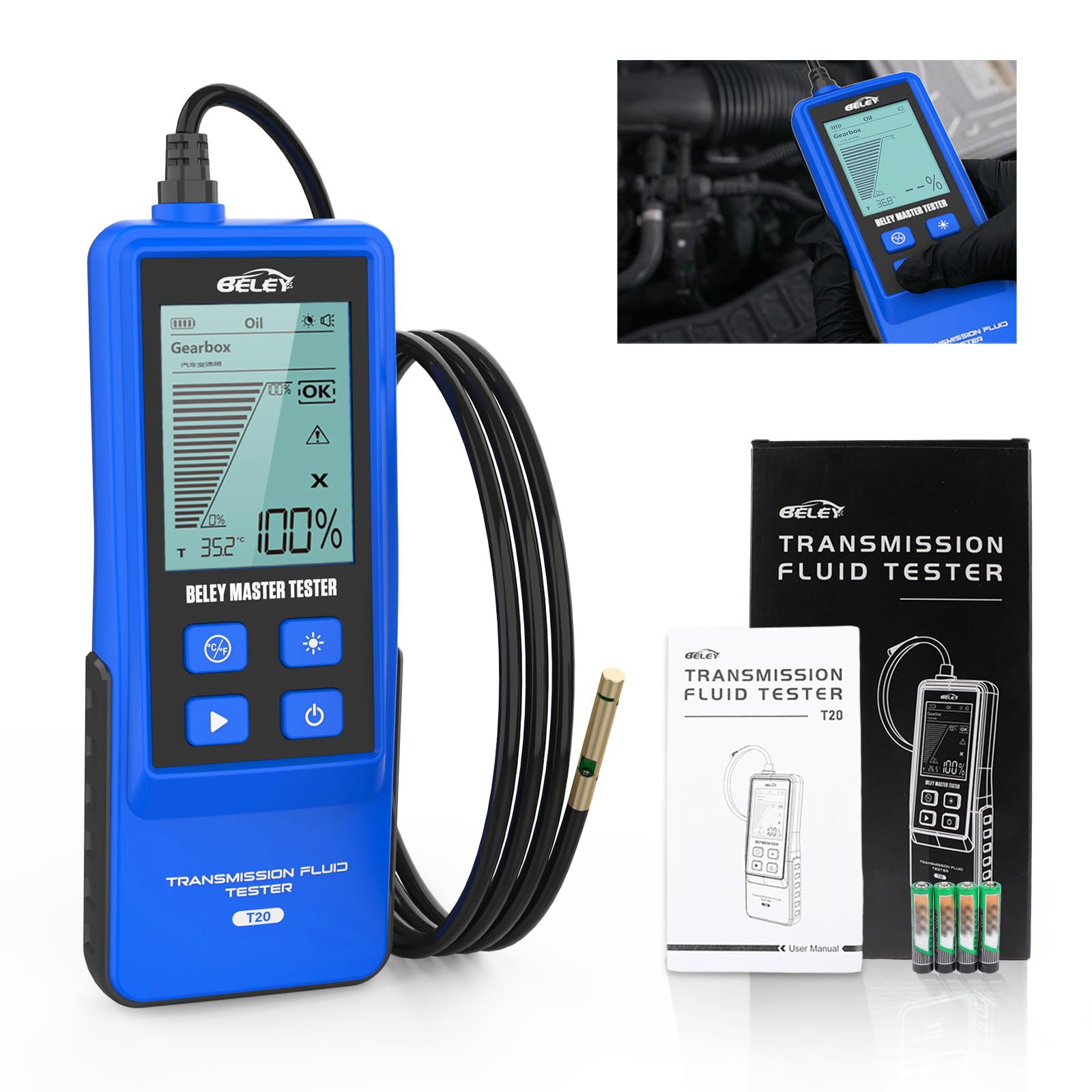 Transmission Fluid Tester Kit, Gasoline & Diesel Gearbox Oil Diagnostic Tool High-Precision Diagnostic Analysis Tool with 31.5in Probe Transmittance/Temperature Testing, 2.8in Display (4 Batteries)