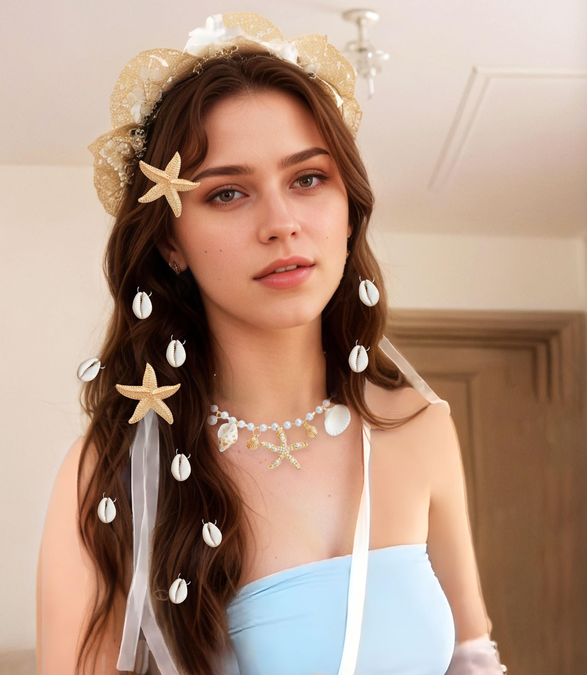 JeVenis Starfish Earrings Necklace Bracelet Hair Clip Mermaid Costume Beach Accessories for Women Seashells Starfish Pearl Summer Beach Gifts for Women - Image 3