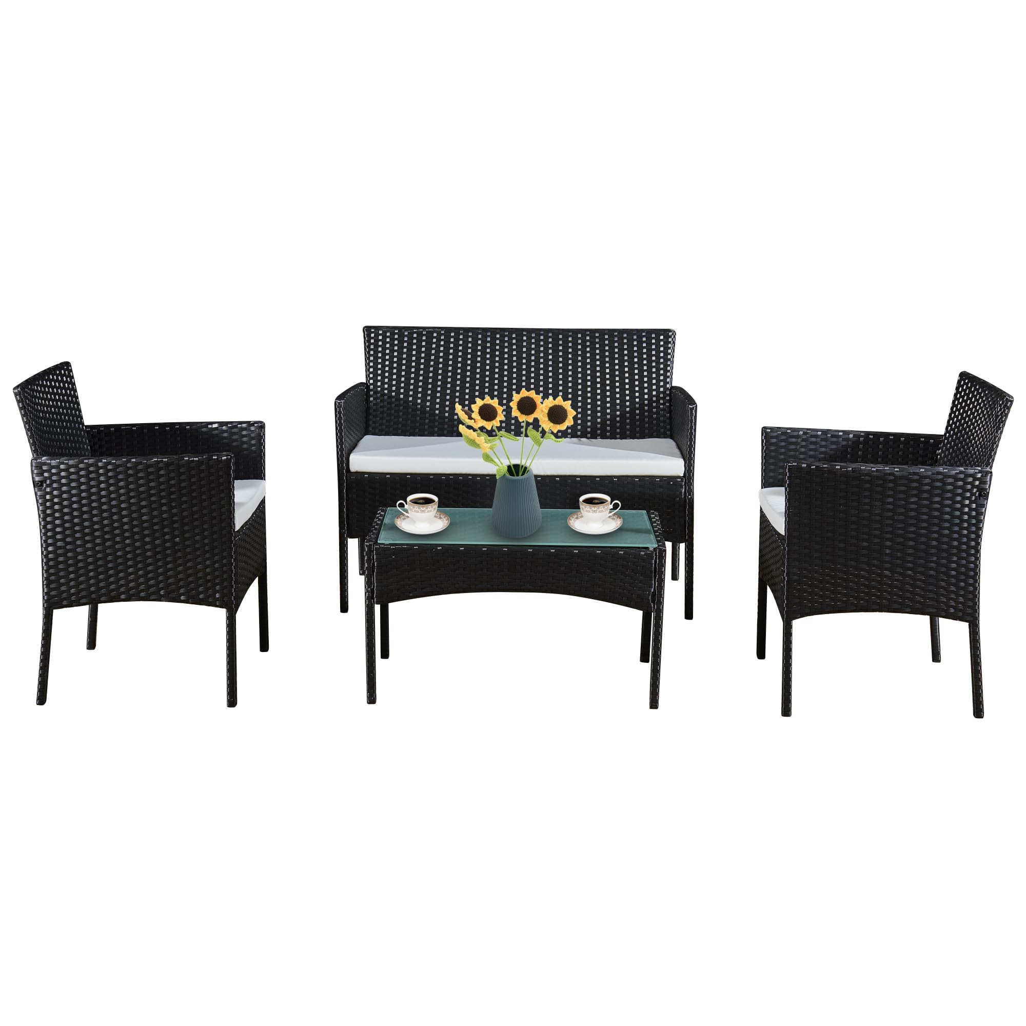 ASOWNSUN 4-Piece Rattan Garden Sofa Furniture Set –Indoor Outdoor Garden Furniture Rattan Set Black and Beige 4 Pieces Furniture