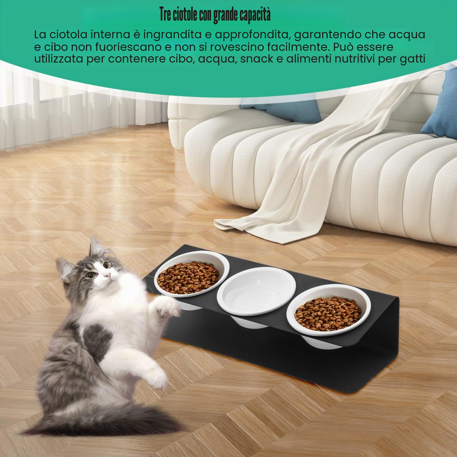 Ciotole per Gatti Rialzate con Supporto Metallo Inclinata di 15°, 3 Ciotola Gatto Ceramica, Ciotole Cani Piccoli per Cibo e Acqua, Ciotole per Alimenti Gattini di Alimentazione Anti Vomito