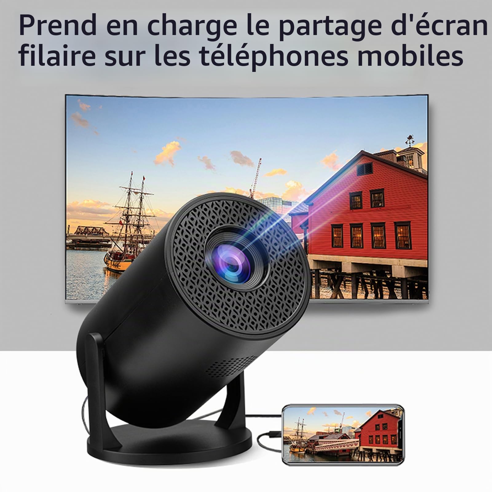 Mini Projecteur avec WiFi, Projecteur Portable 1080P, Projecteur de Cinéma Maison Réglable à 270 Degrés, Vidéoprojecteur HDMI USB TV Sticks
