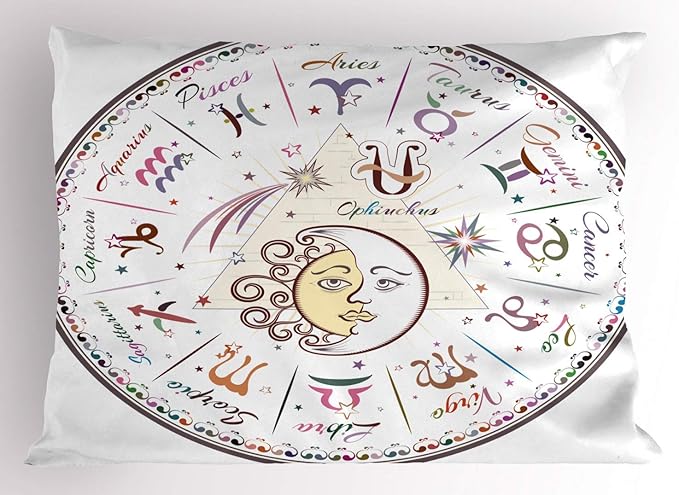 Ambesonne Zodiac Pillow Sham, Western Chart with All Signs Aries Virgo Leo Taurus Libra Mystique Fate Calendar, Decorative Standard Queen Size Printed Pillowcase, 30