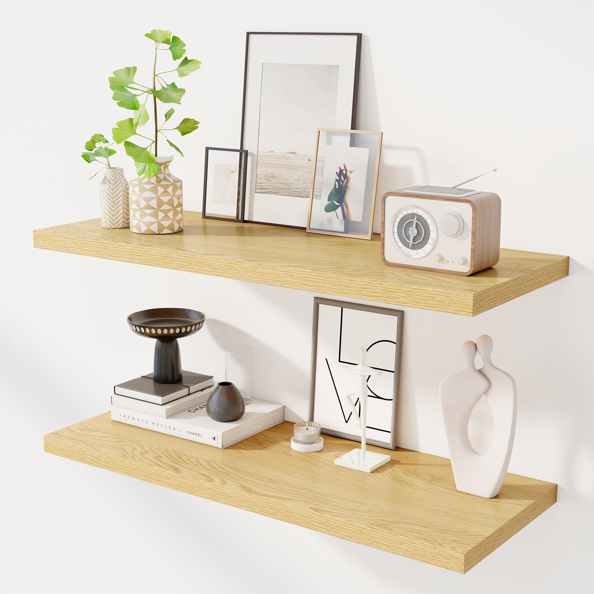 Dreamland 36" Floating Shelves for Wall, 12" Deep Slim Oak Floating Shelves, Wall-Mounted Shelves for Bedroom, Living Room, Kitchen, Bathroom - Set of