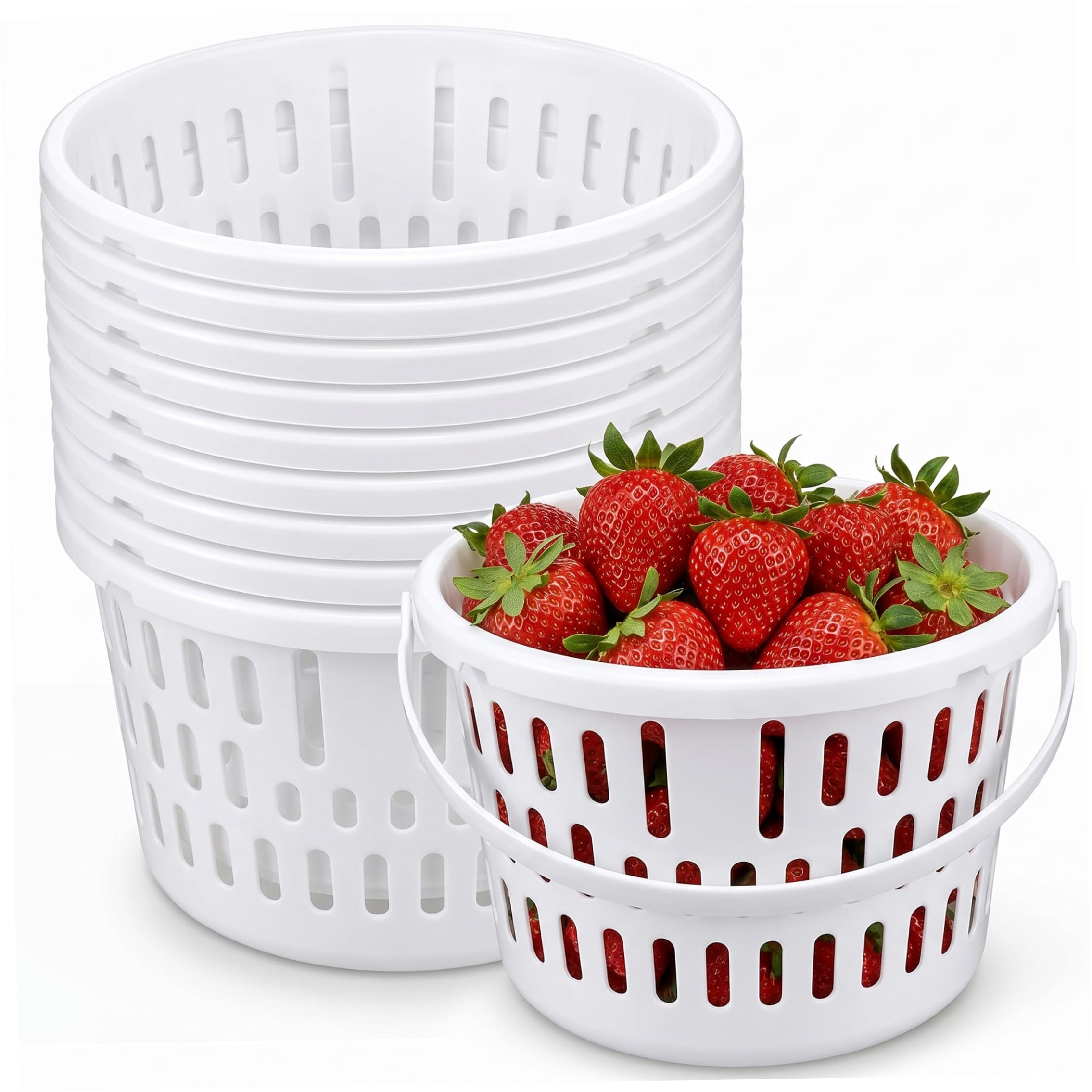 Tsawntd Small Plastic Basket, 10PCS Gardening Harvesting Plastic Baskets with Sturdy Handle Large Strawberry & Berry Baskets - White small basket berry strawberry container