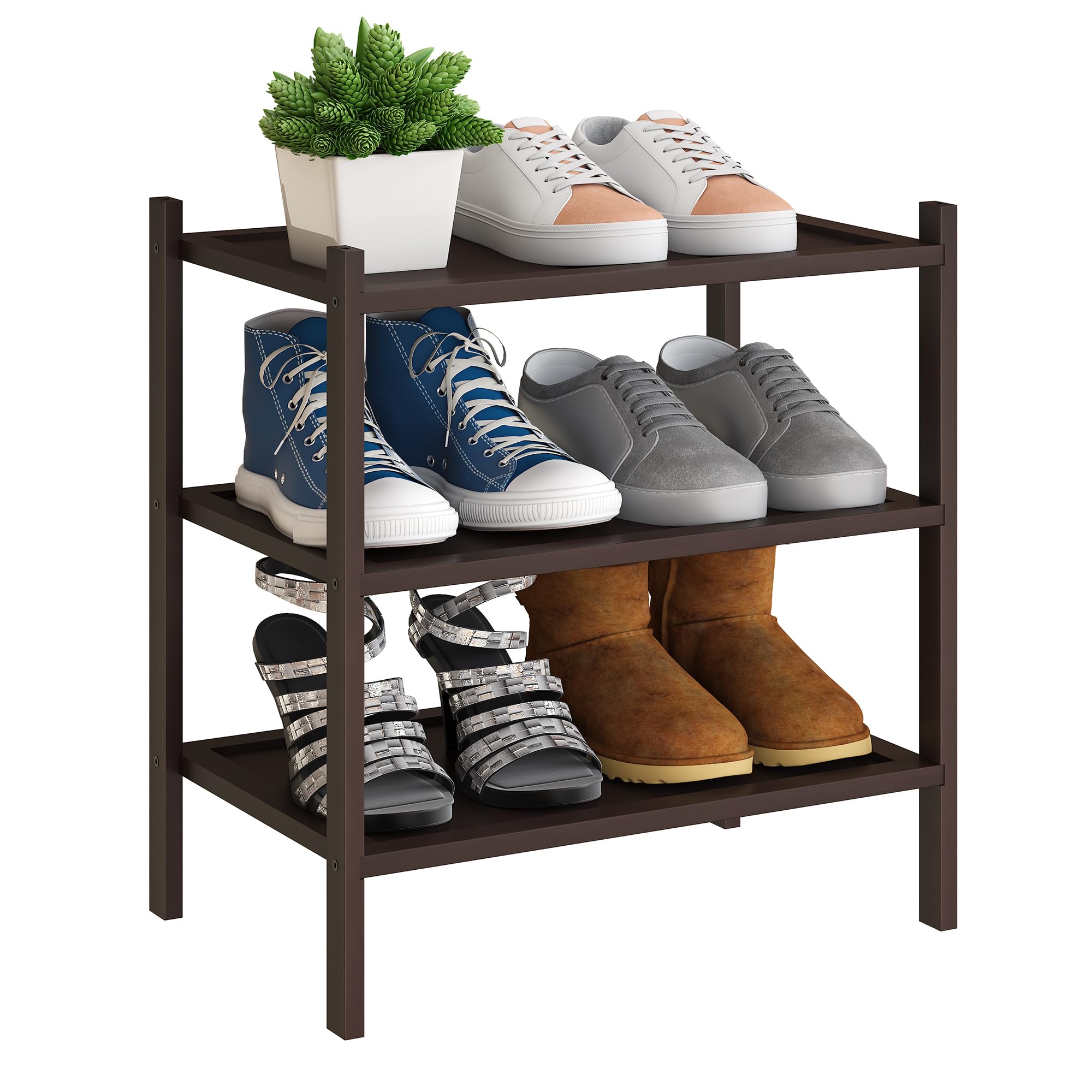 incomplete BMOSU 3-Tier Bamboo Small Shoe Rack For Entryway Free Standing Shoe Racks Premium Stackable Shoe shelf Storage Organizer For Hallway Closet Living Room(Brown)
