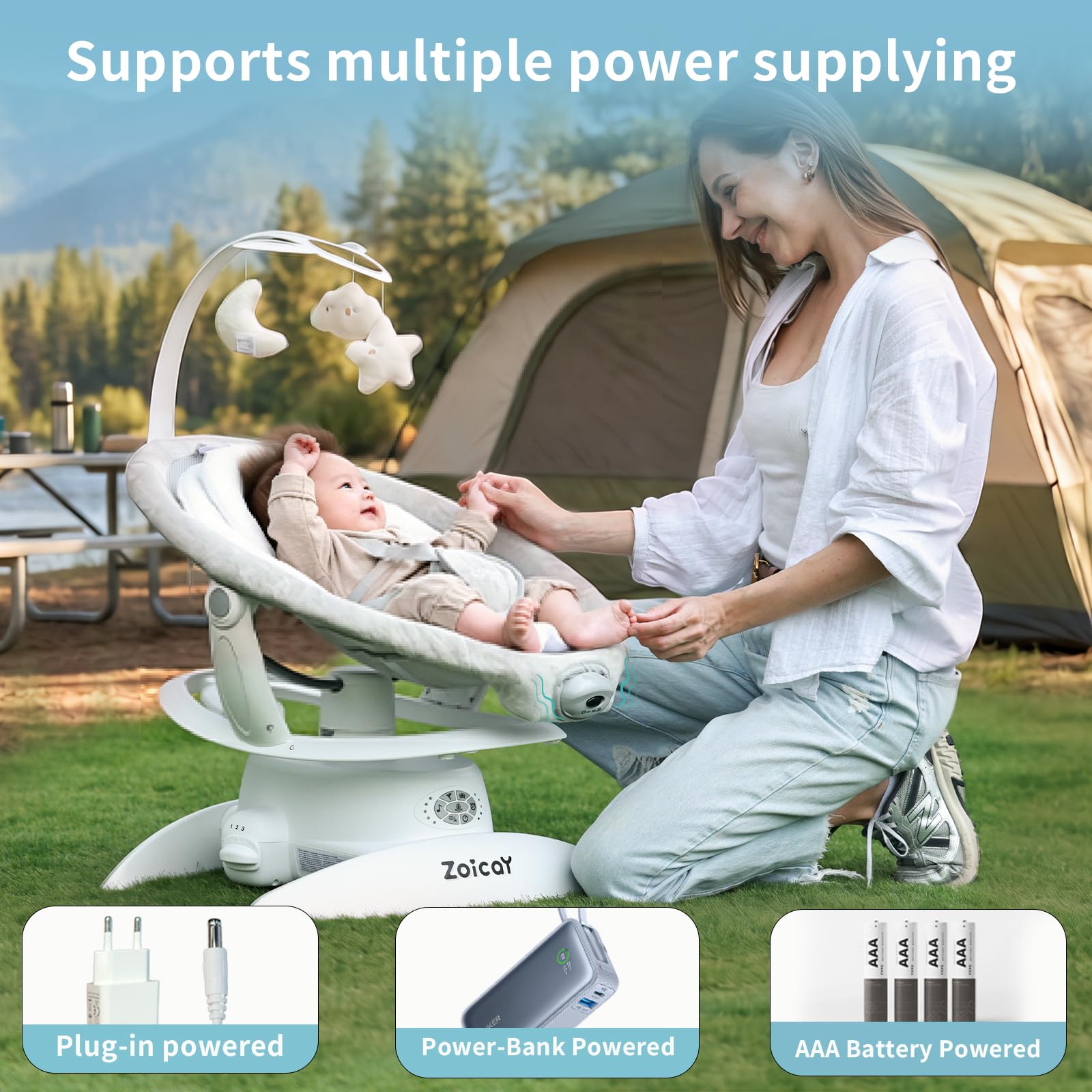 Babywippe Elektrisch 3-in-1 mit 9 Modi Schaukel Automatisch für Neugeborene | Baby wippe 360° Drehbar Timing Musik Funktion Fernbedienung & Bluetooth Control für 0–9 Monate, bis 11 Kg (Weiß)