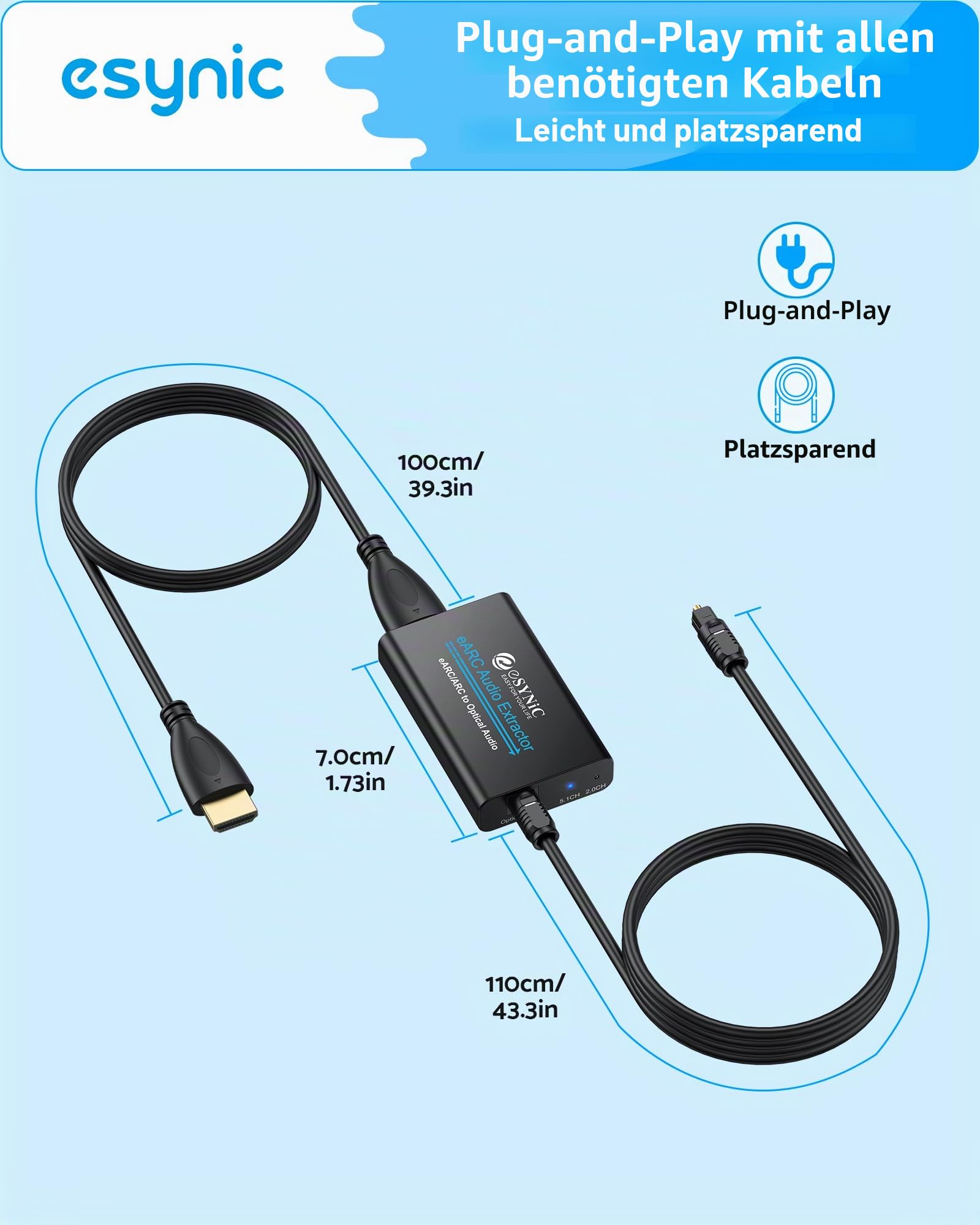 eSynic Professioneller 192 kHz eARC ARC Audio-Extraktor ARC HDMI auf optischen Audio-Extraktor mit HDMI und optischem Kabel, unterstützt 5.0 und 2.0 Audio-Format für HDTV zu Soundbar (muss TV eARC ARC
