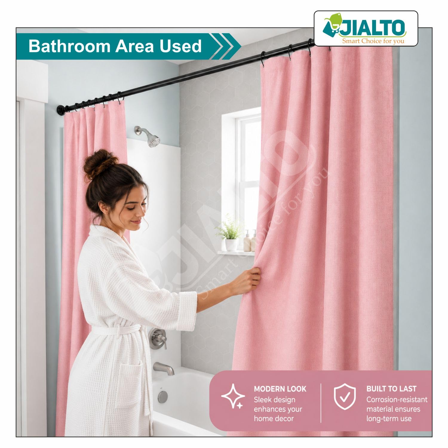 JIALTO Adjustable Bathroom Shower Curtain Rod 155 To 295 Cm Extendable Shower Tension Rod | Without Drill for Wall Anti-Skid Spring Pull Door | Telescopic Shower Curtain Stand (BLACK - 1 Pcs) — Amazon image 5