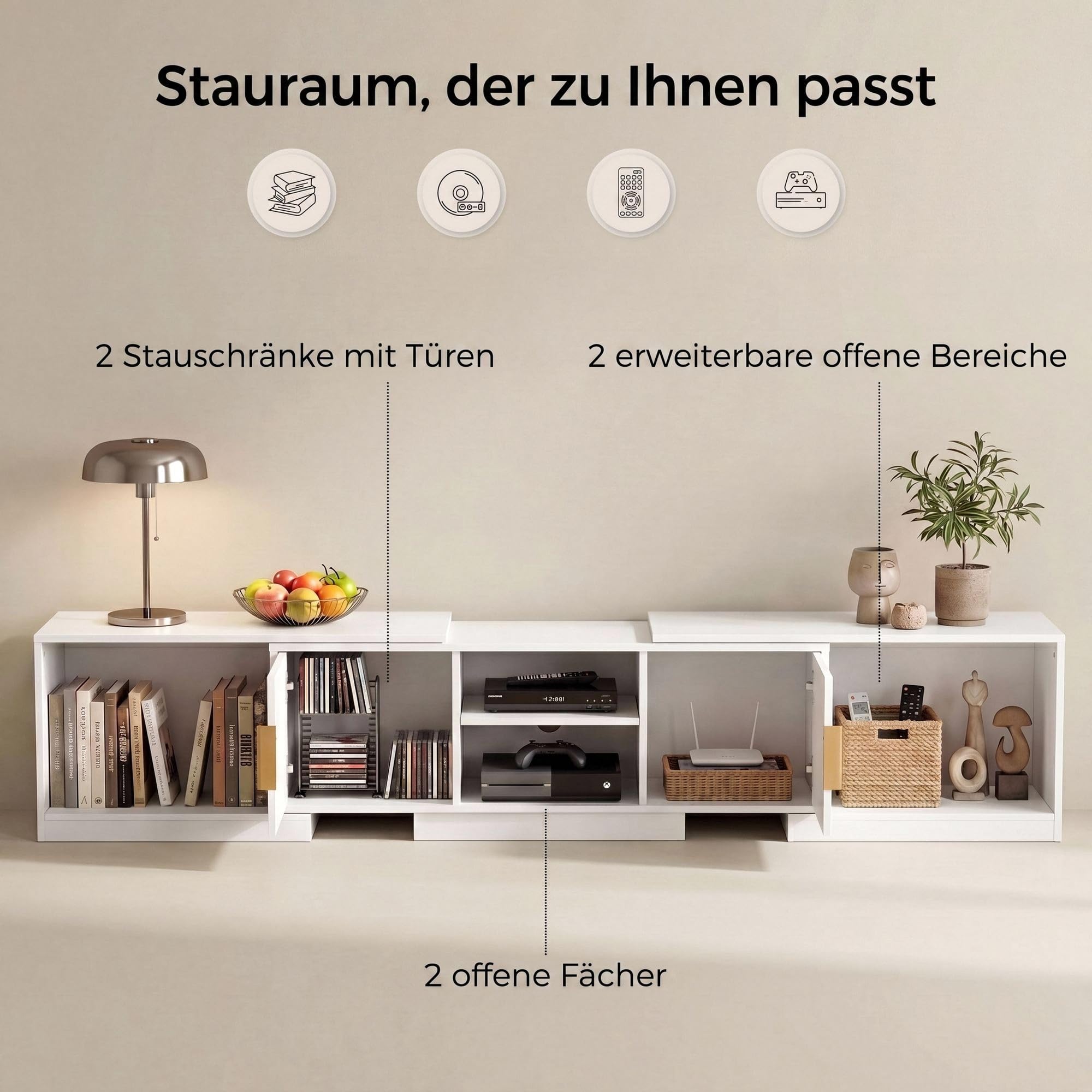 IRONCK TV Schrank Ausziehbar 160–200cm, Lowboard für Fernseher 30-75 Zoll, Drehbar Eck Fernsehschrank Holz, 2 Türen und verstellbaren Stauraum, Modern TV Board Fernsehtisch für Wohnzimmer, Weiß