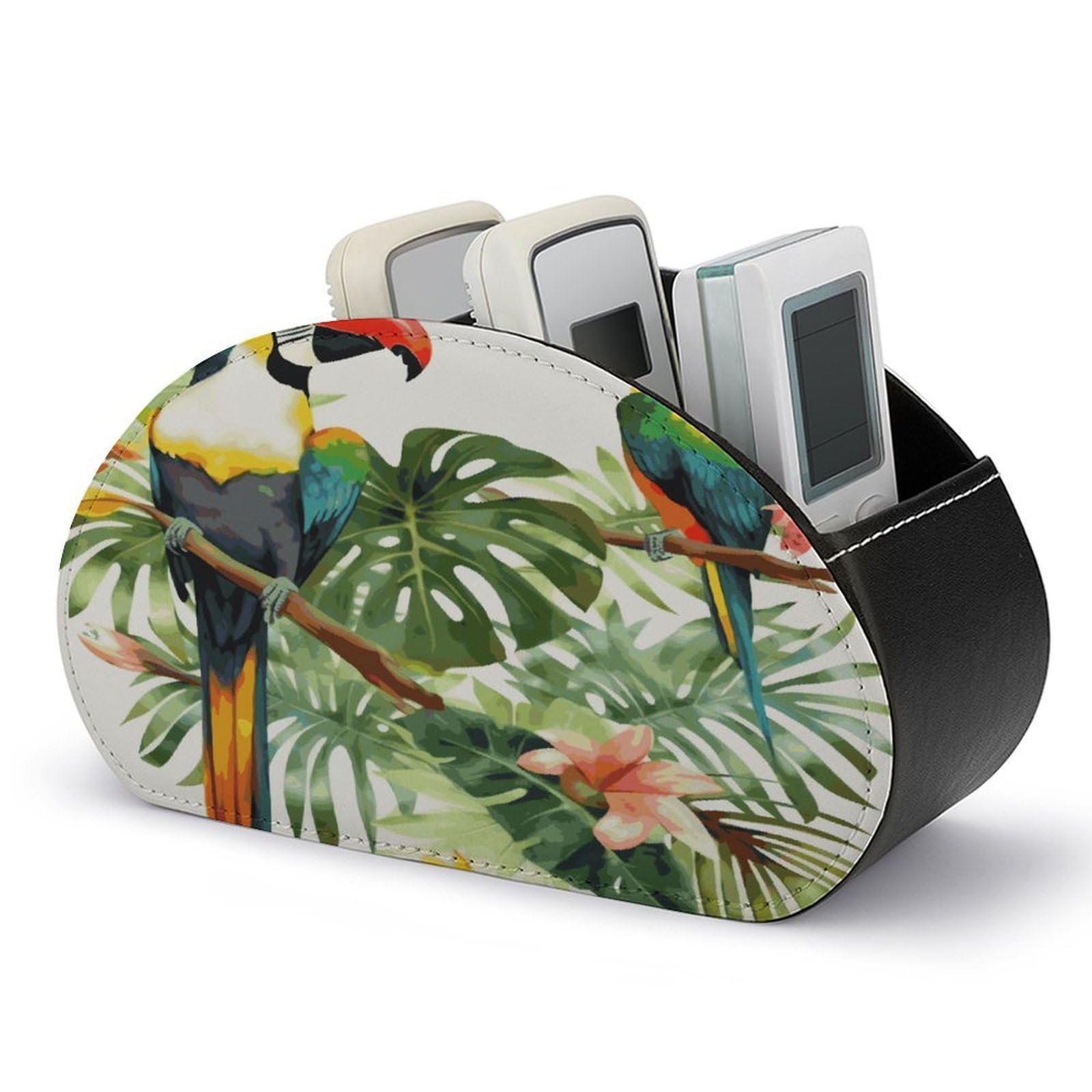 VstaDank Toucans Parrot Palm Tree Leaves Remote Control Holder with 5 Compartments PU Leather Remote Caddy Desktop Organizer Store TV Remote Control Storage Box for Home Office Desk Nightstand