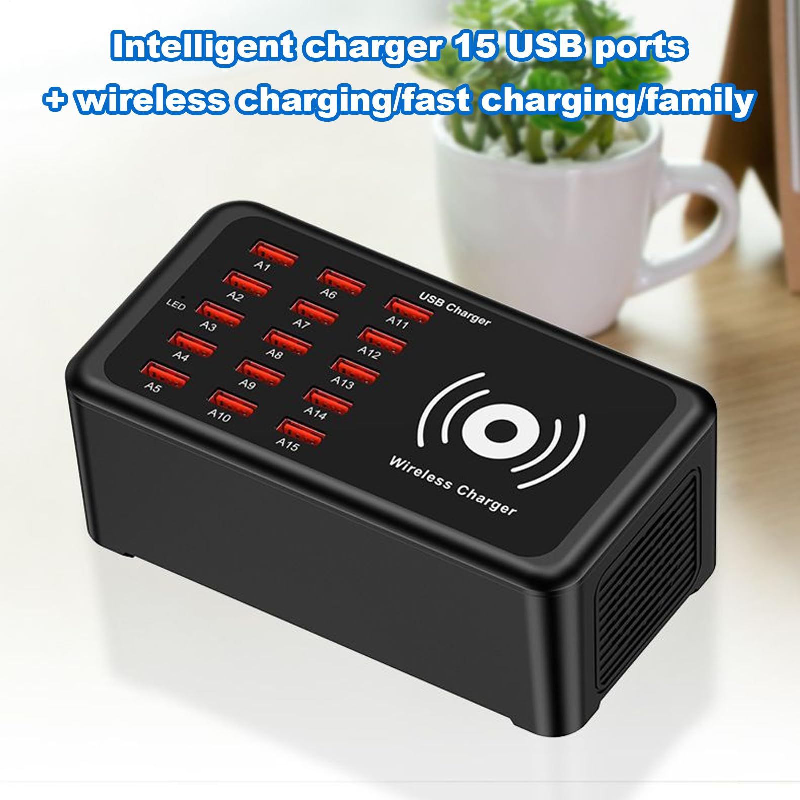 Stazione di Ricarica USB Multipla 15 Porte 100W Ricarica Rapida | Stazione di Ricarica Veloce per Dispositivi Multipli per Ufficio Scrivania Dormitorio Elettronica Computer Portatili Tablet