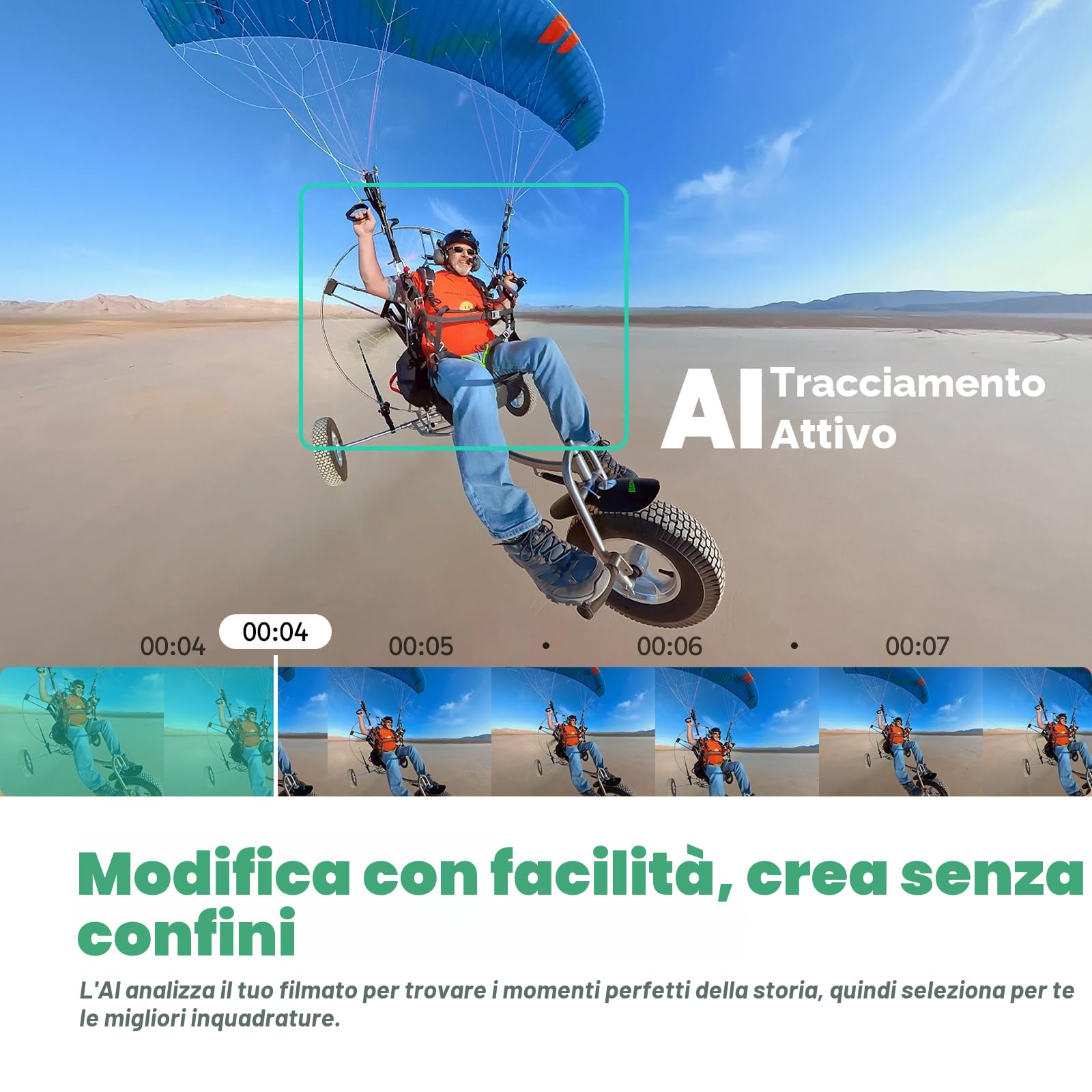 AKASO 360° Action Cam Creator-Set 5.7K con Scheda 64GB, Foto 72MP, Doppio Sensore 1/2" 48MP, Horizon Lock, Touchscreen 2.29", AI Tracking, Effetto Selfie Stick Invisibile, Stabilizzazione SuperSmooth