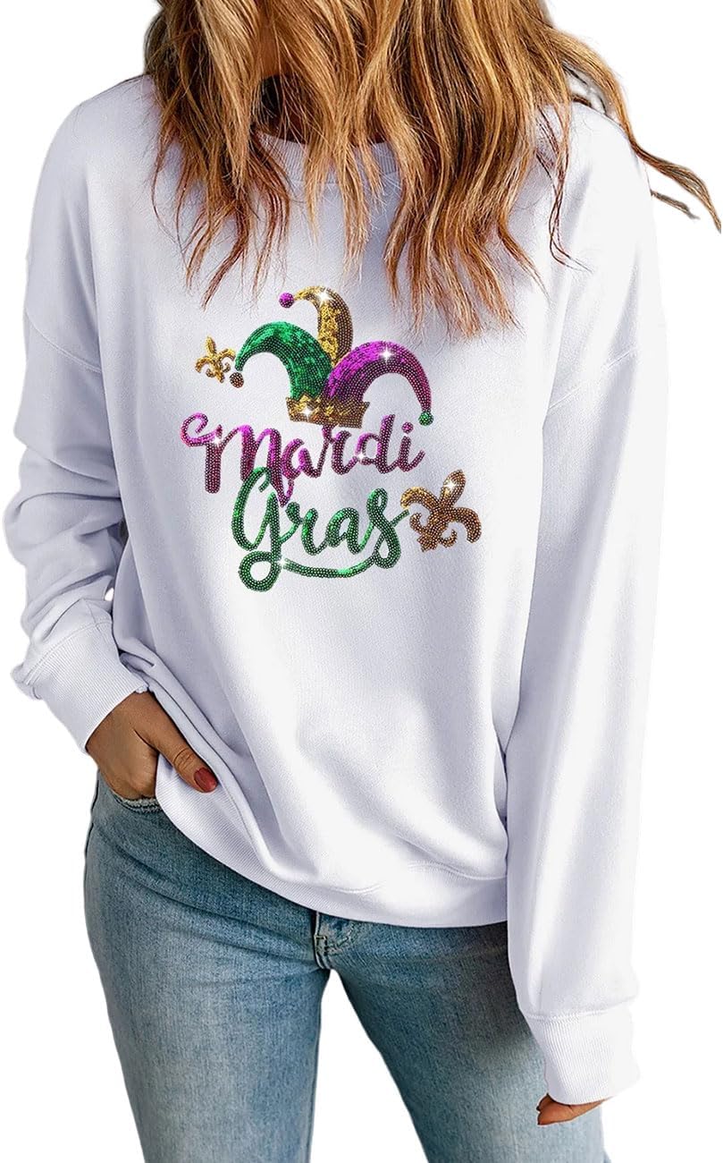 Ecosunny Women's Casual Holiday Mardi Gras Sweatshirt Sequin Print Round Neck Long Sleeve Loose Pullover Tops