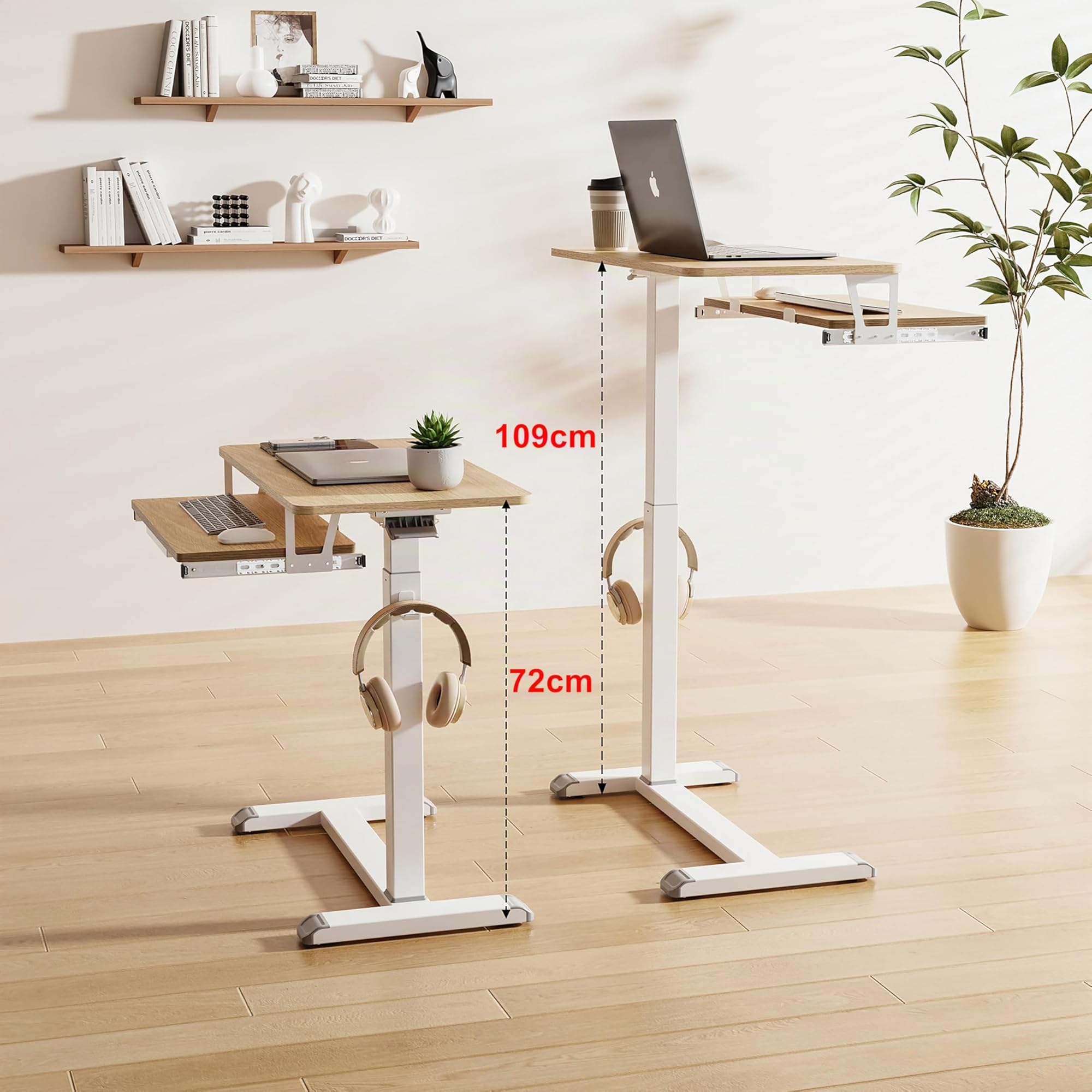 Fydeamer 68 × 50cm Mobile Standing Desk mit Tastaturablage, Höhenverstellbar Computertisch (72-109 cm), Beistelltisch Krankenhausbetttisch Ergonomisch für Homeoffice Wohnzimmer (Oka)