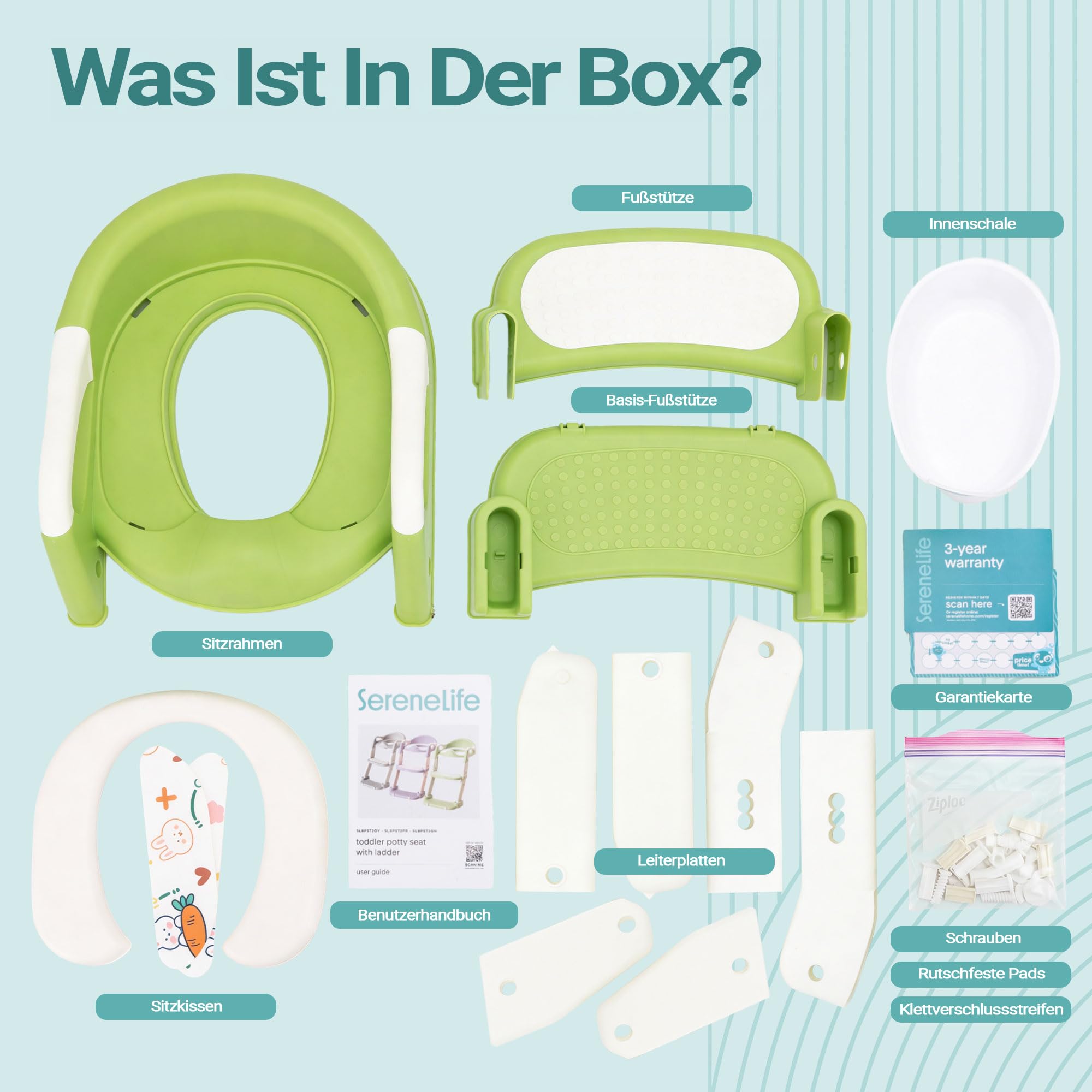 SereneLife Toilettensitz Kinder mit Treppe – 2-in-1 Höhenverstellbarer Toilettentrainer mit Leiter, Rutschfester WC Sitz mit Griffen für Jungen und Mädchen, Grün