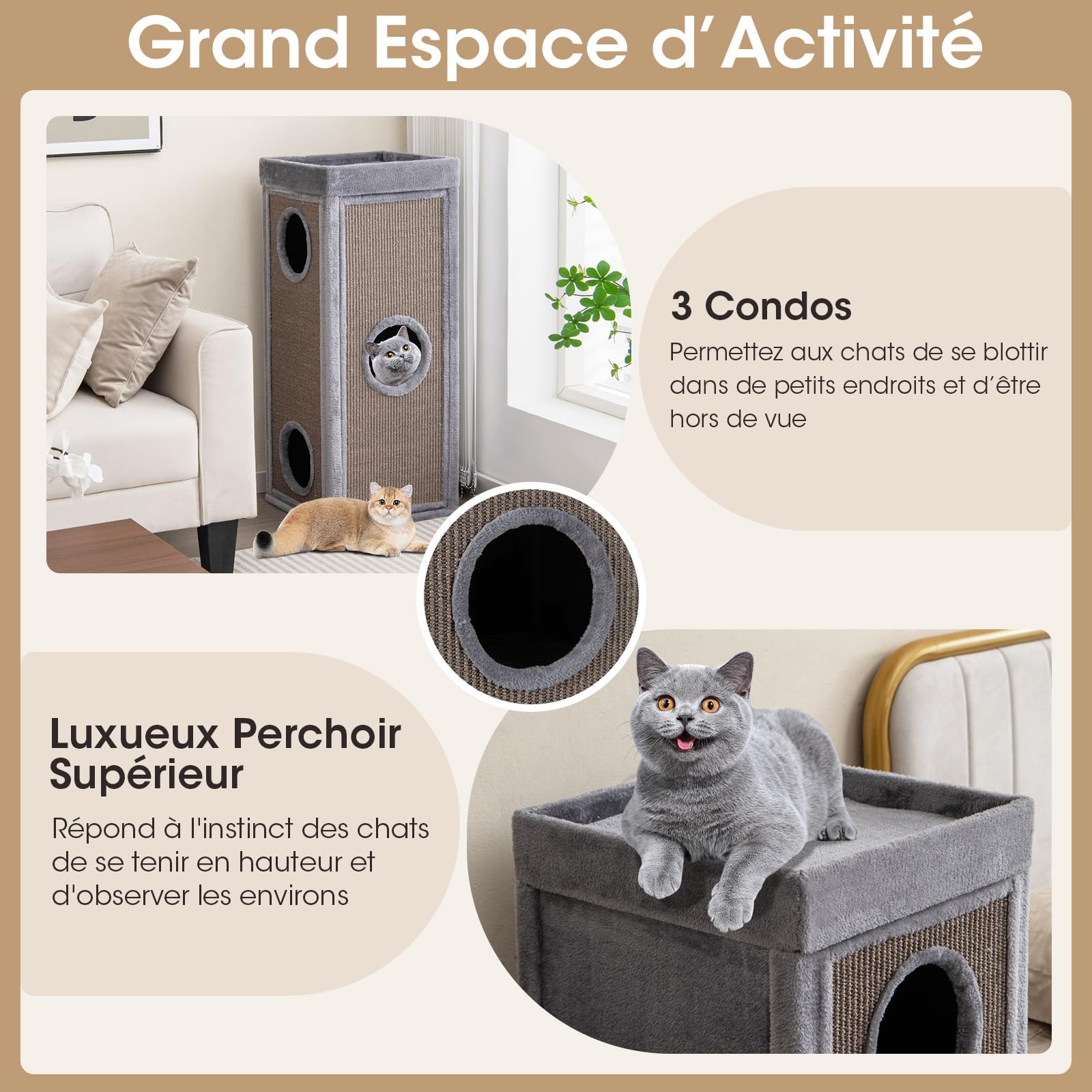 COSTWAY Maison pour Chat à 4 Étages, Tonneau Griffoir Chat, 3 Condos, 2 Planches à Griffer en Sisal, Plateformes, Tour pour Chaton, 4 Coussins Amovible, Peluche Douce, 40 × 40 × 99 cm