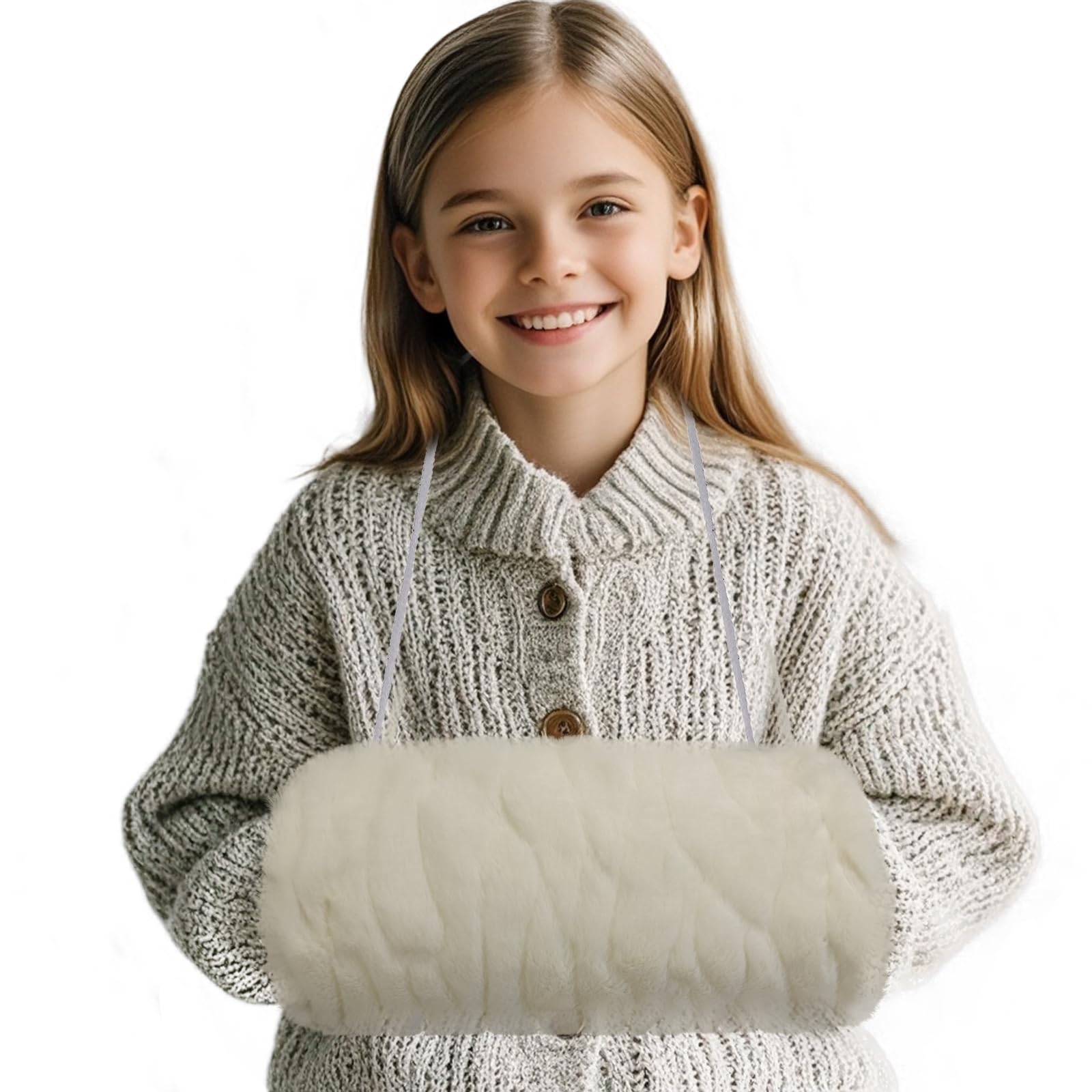 SwirlColor Handmuff Kunstpelz Muff für Warme Hände mit Tasche Riemen Muff Handwärmer Kinder - Weiß Ripple